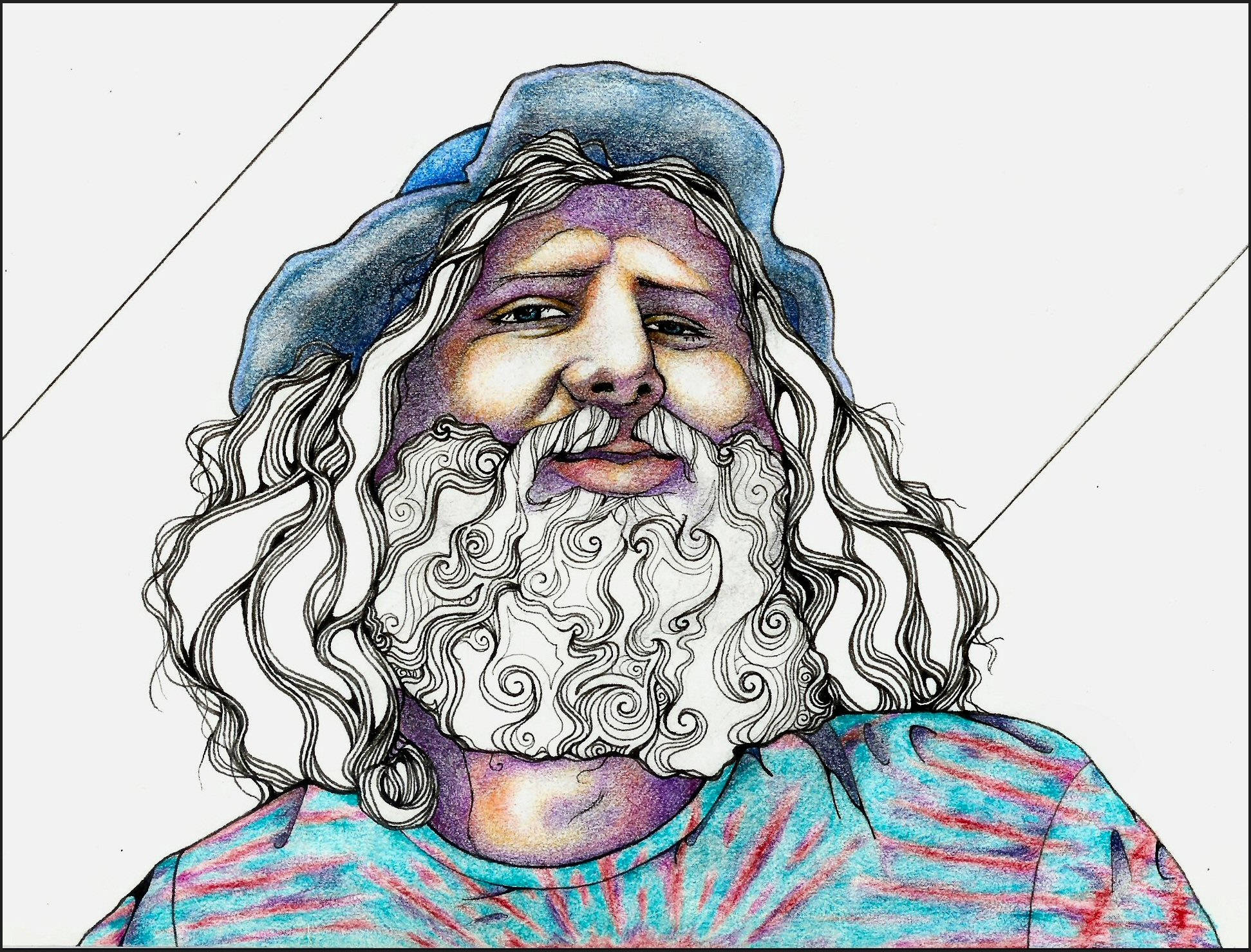 酷炫繪畫 桌布 壁紙 — 一幅異想天開的插圖肖像，描繪一位留著鬍鬚、捲髮、戴藍色貝雷帽、穿紮染襯衫的男子。