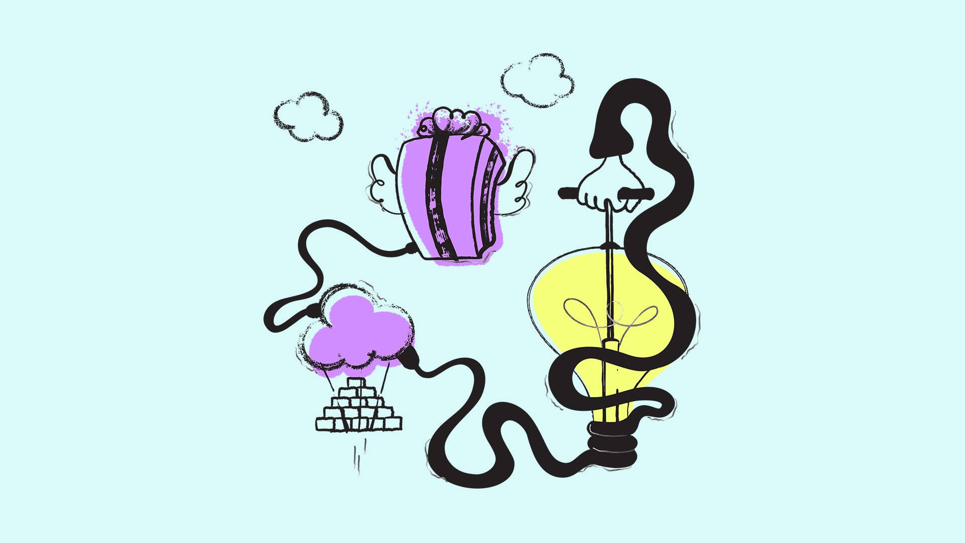 電力 桌布 壁紙 — 一幅異想天開的插圖顯示一個發光的燈泡，帶有黑色電線，為紫色禮物盒和磚塊堆上方的雲朵供電。