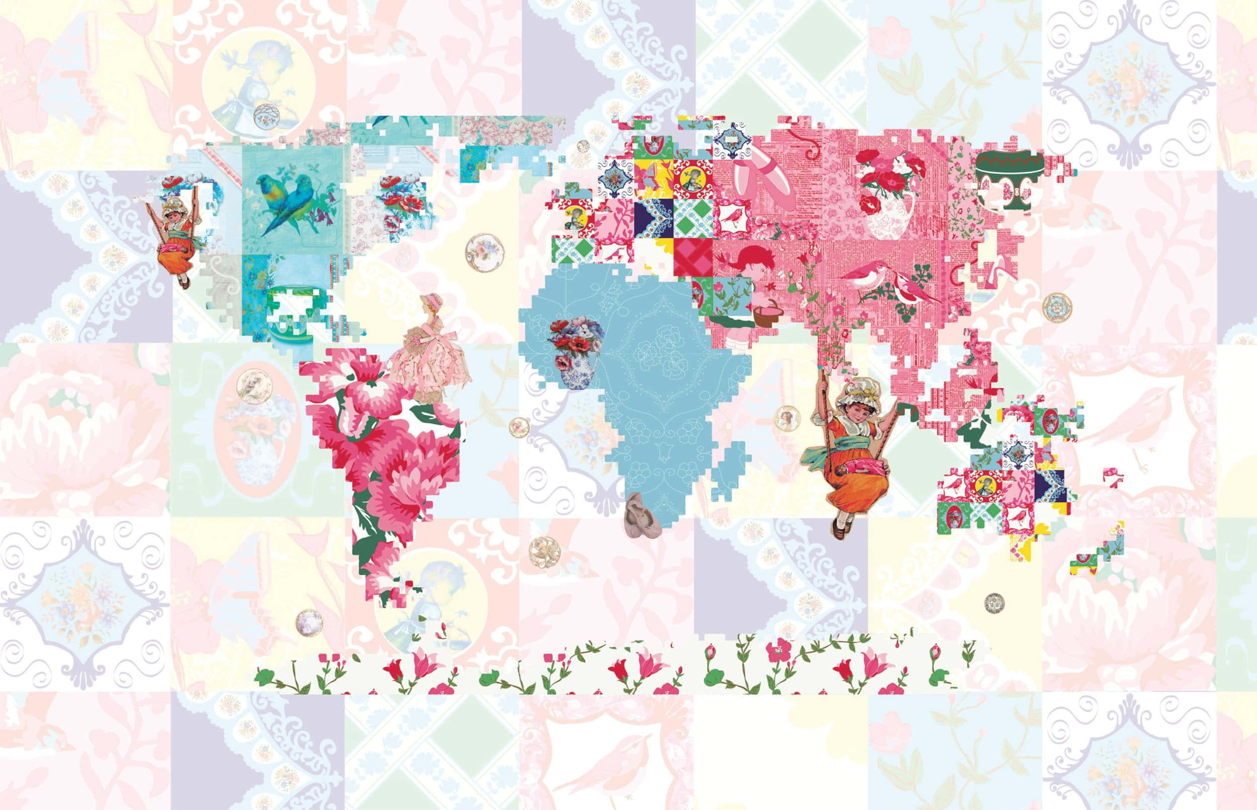 World Map Aesthetic 桌布 壁紙 — 一幅異想天開的插畫世界地圖，由粉彩花卉和華麗圖案瓷磚製成，帶有復古女孩人物。