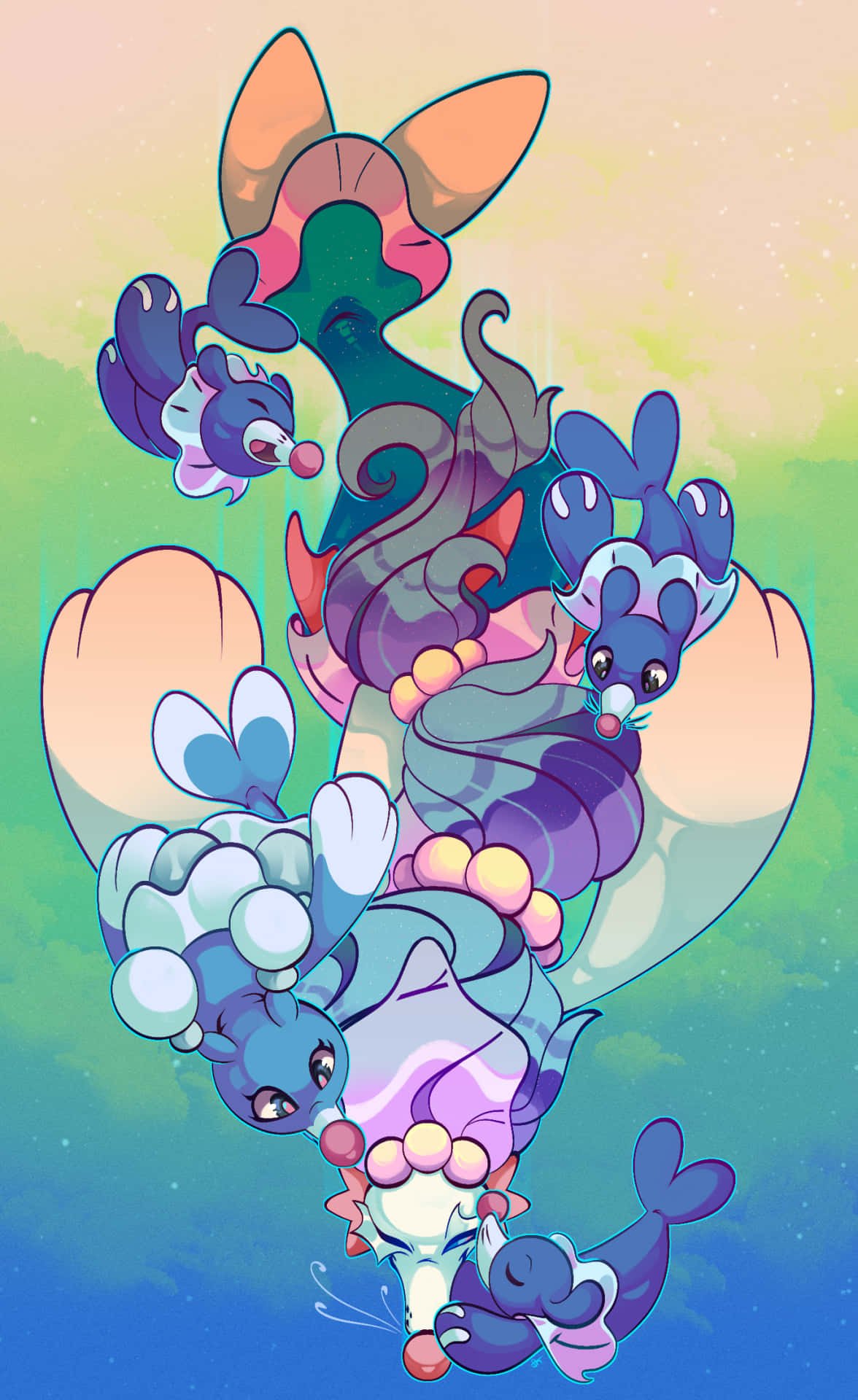 Pokemon Aesthetic 桌布 壁紙 — 一幅異想天開的數位插圖，描繪五隻色彩繽紛的卡通海洋生物漂浮在漸變的海洋天空中。