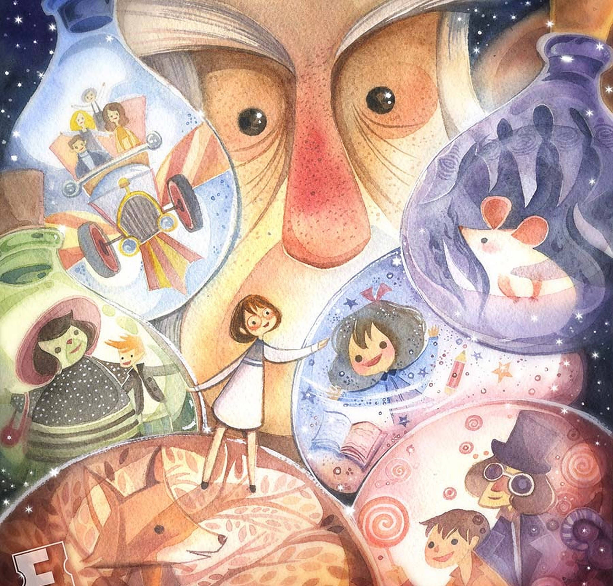 Bfg 桌布 壁紙 — 一幅異想天開的水彩插圖，描繪一個巨大的臉孔，手持多個玻璃瓶，瓶中裝有兒童和動物的微型場景，背景是繁星點點的夜空。