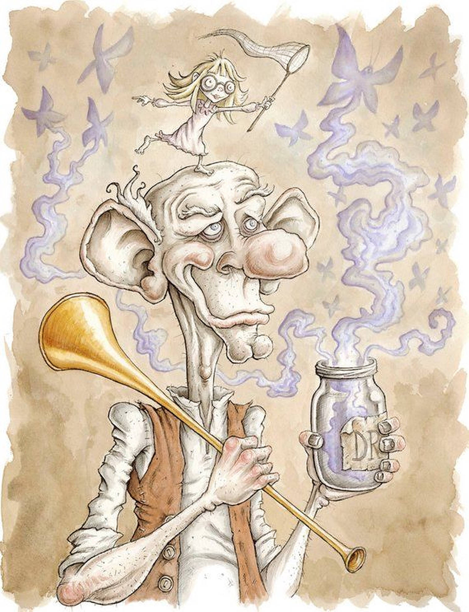 Bfg 桌布 壁紙 — 一幅異想天開的水彩插圖，描繪一個耳朵過大的怪異老人拿著喇叭和藥水瓶，而一個拿著網的小女孩在他頭頂上跳舞，四周環繞著旋轉的紫色煙霧。