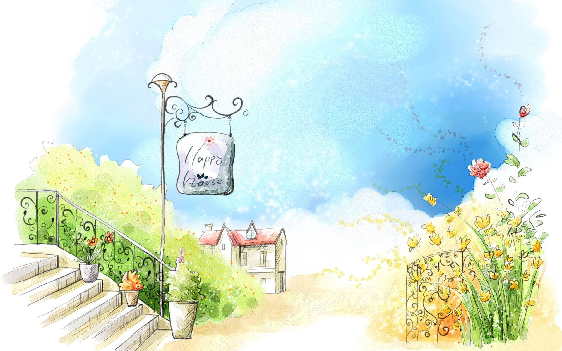 Scenery 桌布 壁紙 — 一幅異想天開的水彩插圖，描繪了一個迷人的房屋入口，有樓梯、花盆和一個「Happy House」標誌，在明亮的藍天下。