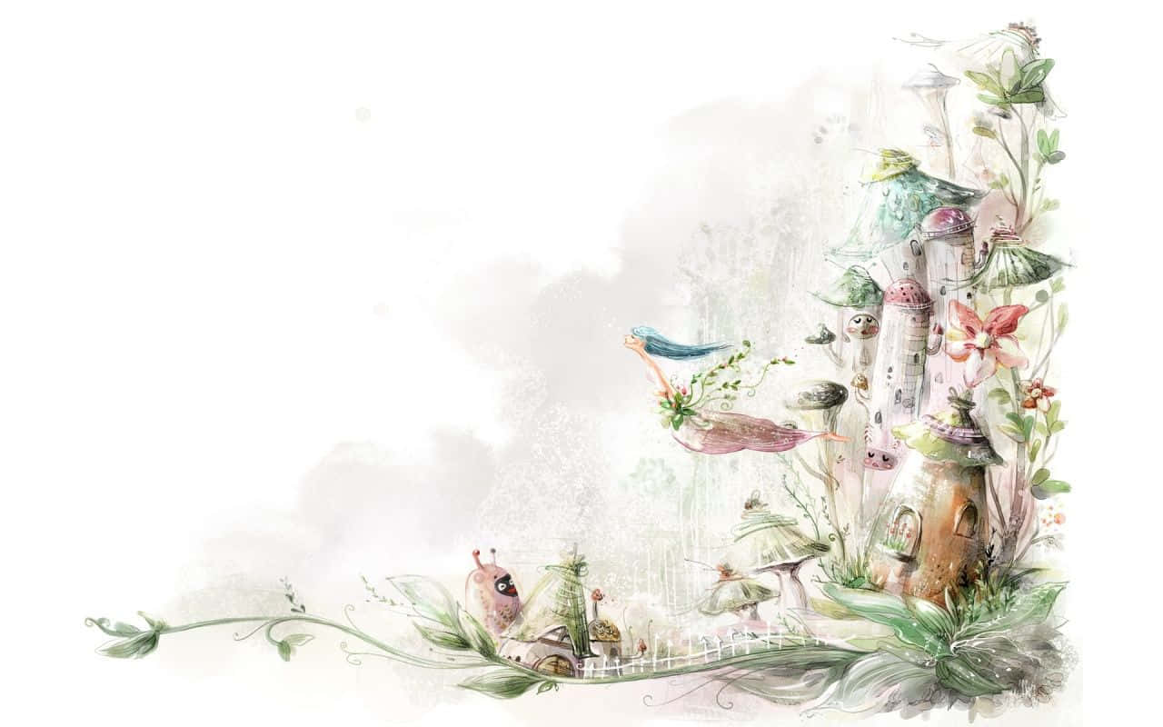 Drawing Desktop 桌布 壁紙 — 一幅異想天開的水彩插圖，描繪了童話村莊坐落在蘑菇和藤蔓之間，有一隻藍鳥在飛翔。