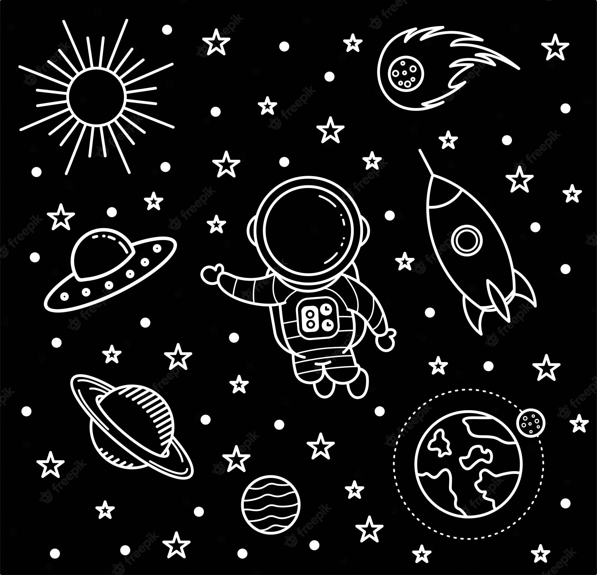 astronaut aesthetic 桌布 壁紙 — 一幅異想天開的白色線條畫，描繪一名太空人在黑色宇宙背景中漂浮於行星、星星和火箭之間。
