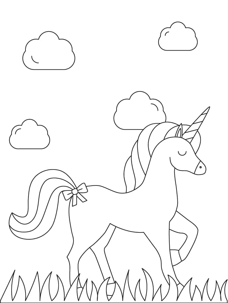 獨角獸 桌布 壁紙 — 一幅異想天開的線條畫，描繪一隻尾巴上繫著蝴蝶結的獨角獸，站在雲朵下的草地上。