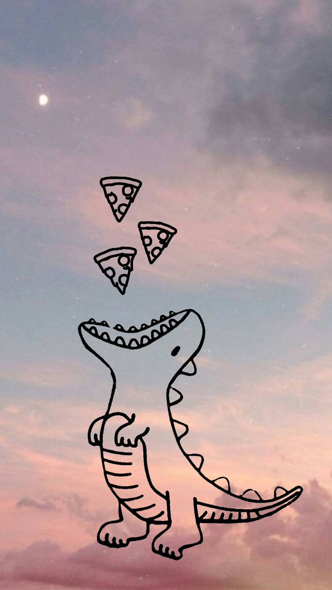 Cute Dinosaur 桌布 壁紙 — 一幅異想天開的線條畫，描繪一隻恐龍在可見月亮的柔和暮色天空中快樂地接住掉落的披薩片。