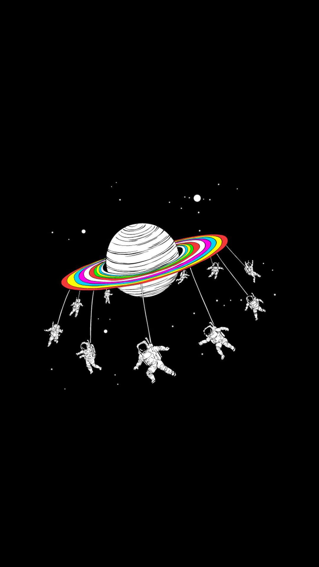  壁紙 — 一幅異想天開的線條藝術插圖，描繪太空人從一顆帶有鮮豔彩虹環的行星上懸吊下來，背景是星光點點的黑色虛空。