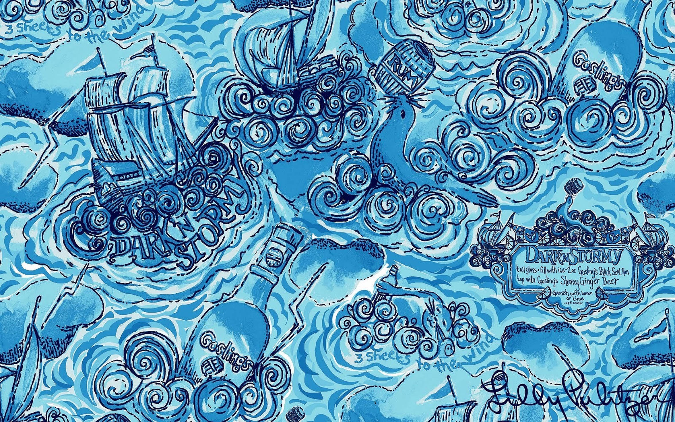lilly 桌布 壁紙 — 一幅異想天開的藍色墨水插圖，描繪海盜船和瓶子在波濤洶湧的海浪中旋轉，並帶有俏皮文字。