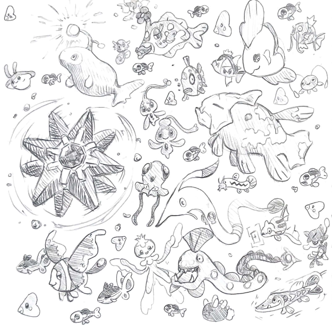 黑白 桌布 壁紙 — 一幅異想天開的鉛筆素描，描繪了各種卡通海洋生物在海底場景中圍繞著中央海星游動。