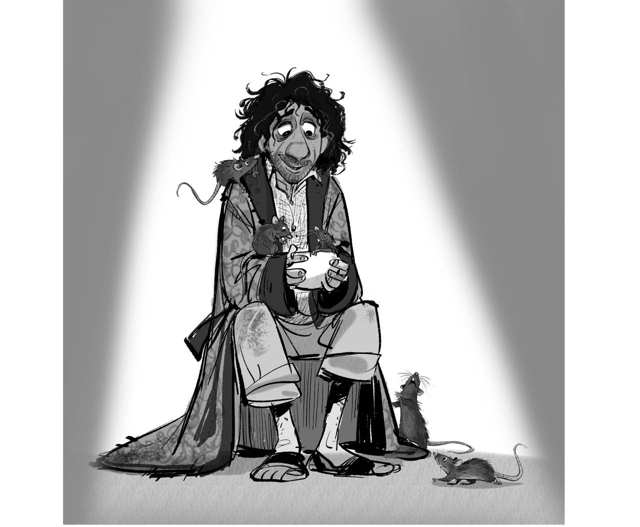 Bruno Madrigal 桌布 壁紙 — 一幅異想天開的黑白插圖，描繪一個微笑的捲髮男子坐在聚光燈下，周圍環繞著老鼠。