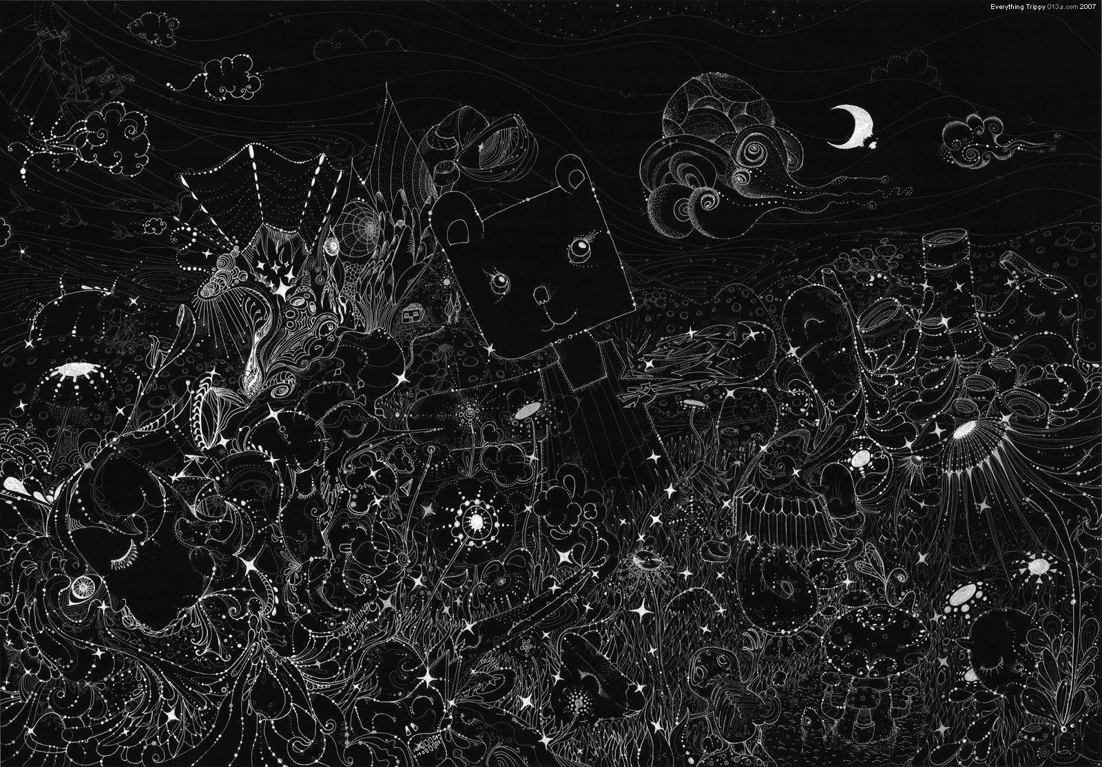 白色 桌布 壁紙 — 一幅異想天開的黑白插圖，描繪了一個超現實的夜空，充滿了複雜的圖案、發光的星星和微笑的月亮。