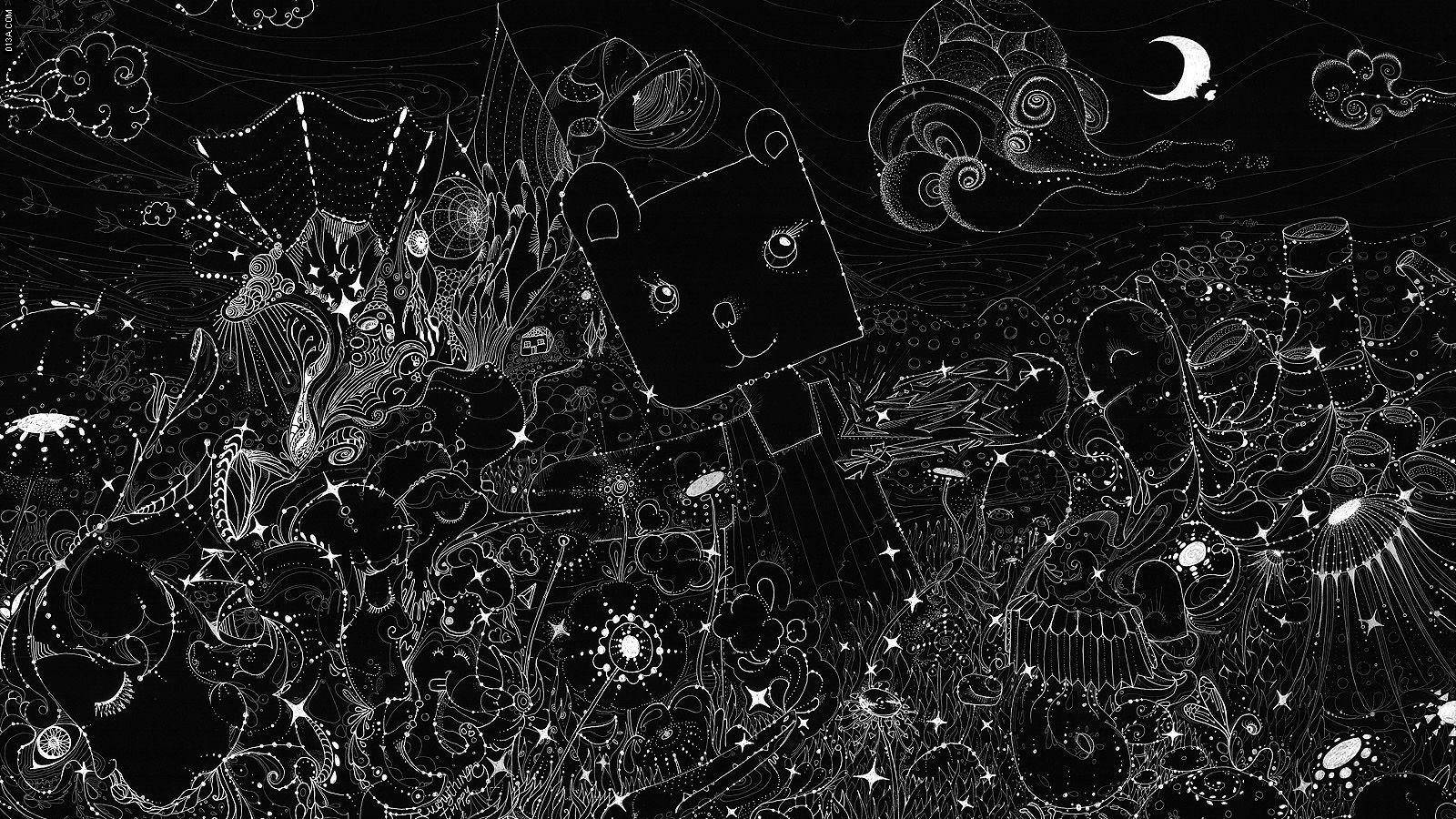 Trippy Dark 桌布 壁紙 — 一幅異想天開的黑白插圖，描繪了一隻微笑的方塊熊，身處新月下旋轉的宇宙圖案和星星之中。