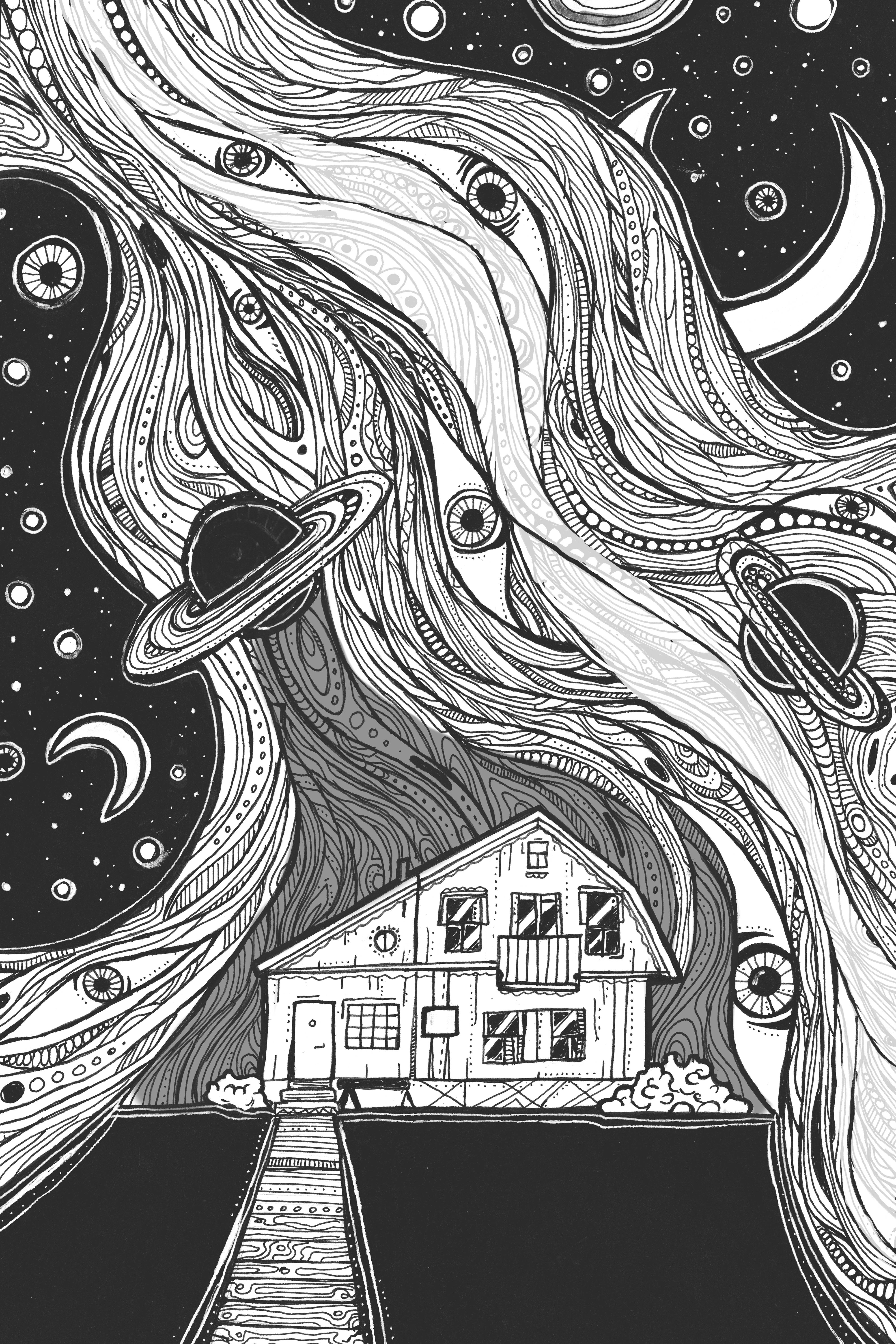 塗鴉動圖 桌布 壁紙 — 一幅異想天開的黑白插圖，描繪了一座房子，坐落於充滿旋轉星系、行星和彎月的宇宙天空下。