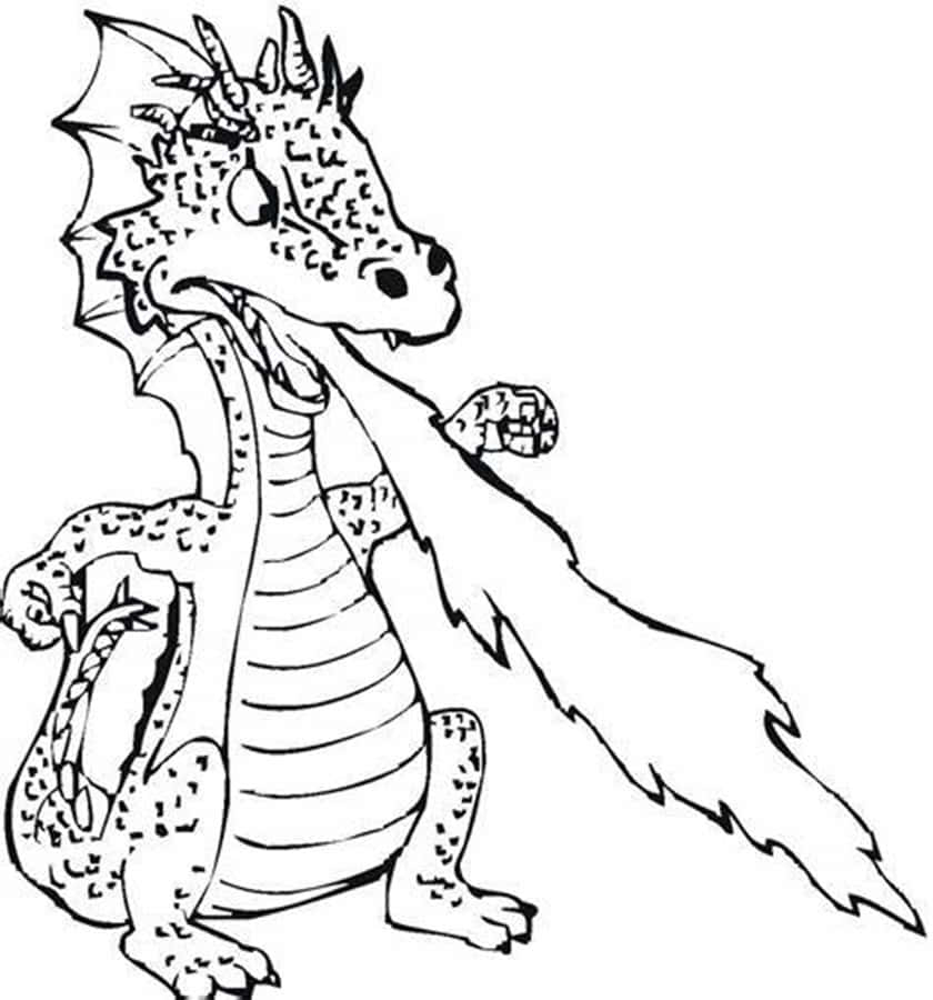 Dragon Coloring 桌布 壁紙 — 一幅異想天開的黑白線條畫，描繪一隻帶有尖刺鱗片和友善表情的卡通龍。