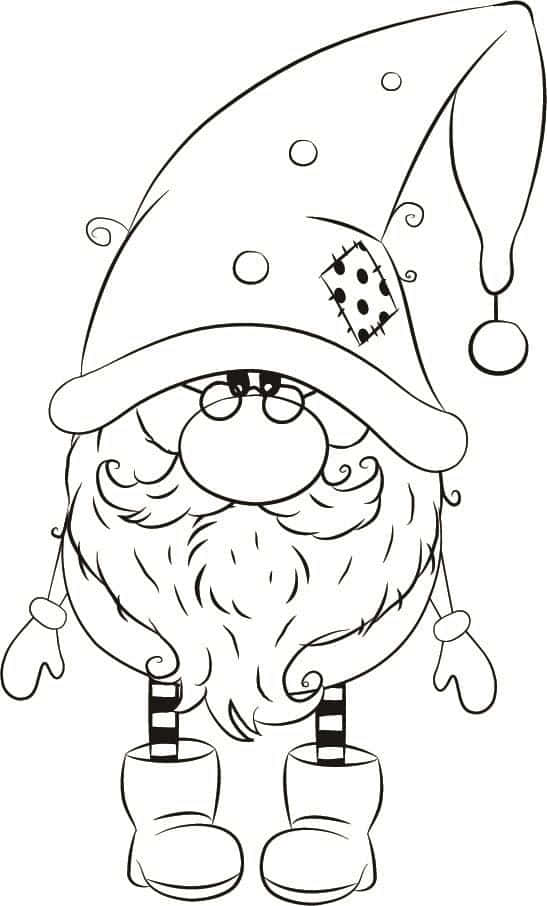 Christmas Coloring 桌布 壁紙 — 一幅異想天開的黑白線條畫，描繪了一個戴著高帽子和條紋襪子的快樂地精。