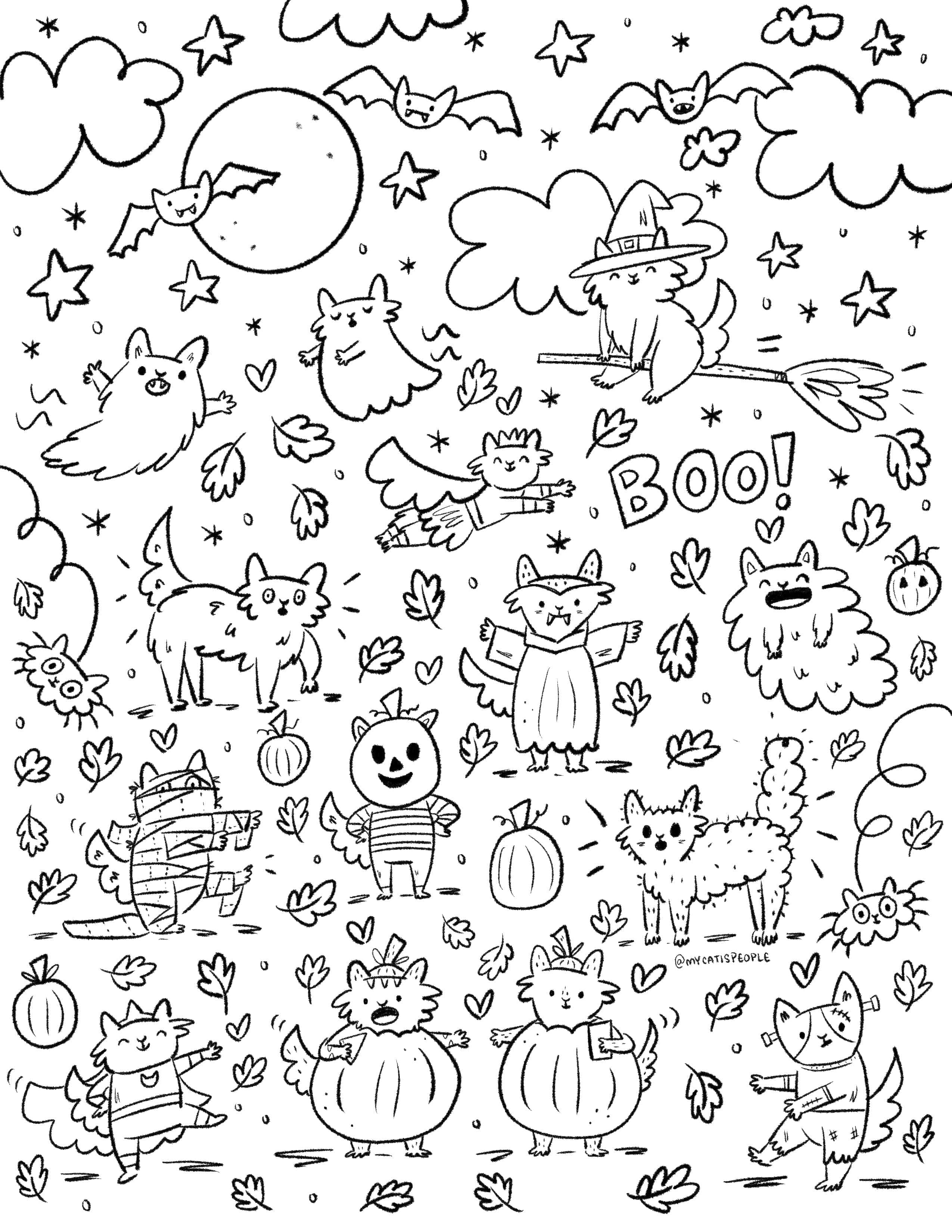 貓咪藝術 桌布 壁紙 — 一幅異想天開的黑白線條畫，描繪穿著萬聖節服裝的可愛貓咪在星星、蝙蝠和南瓜之間飛翔和擺姿勢。