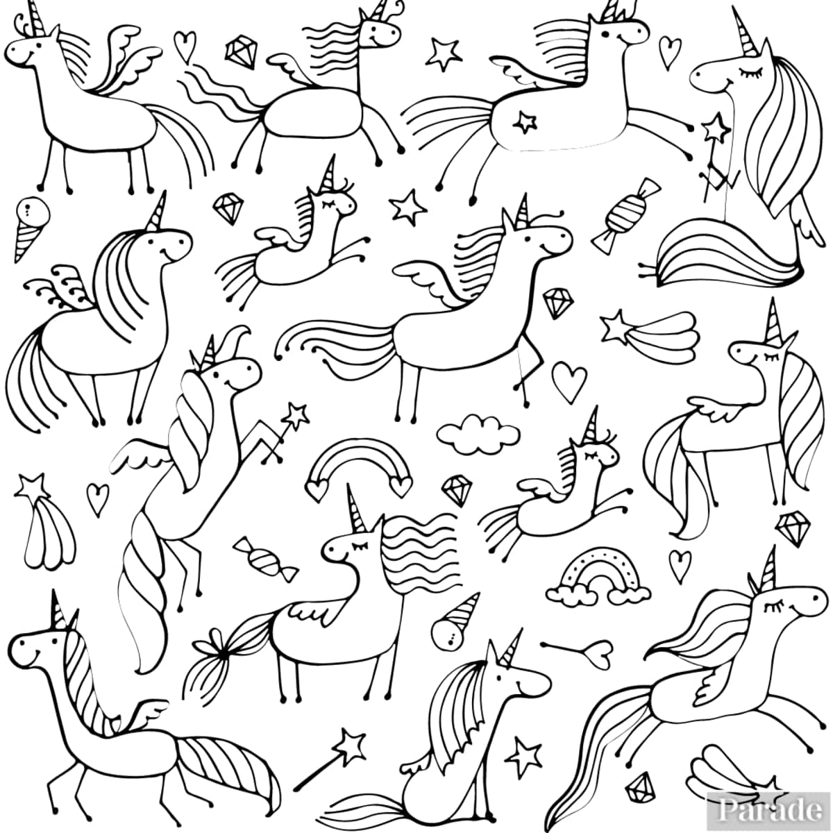 獨角獸 桌布 壁紙 — 一幅異想天開的黑白線條畫，描繪飛翔的獨角獸，周圍散落著星星、心形和彩虹。