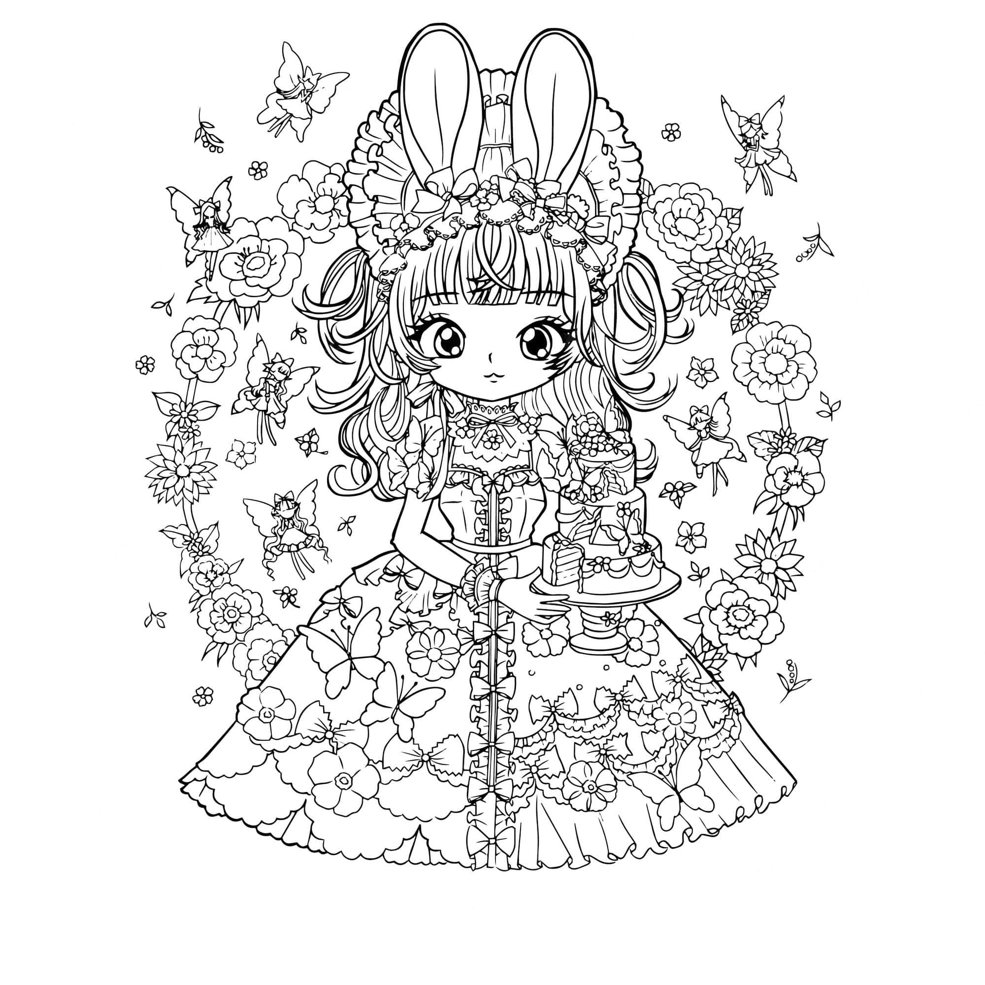 Cartoon Drawing 桌布 壁紙 — 一幅異想天開的黑白線條藝術插圖，描繪一位穿著花卉連衣裙、戴著兔耳朵的女孩，手持蛋糕，周圍環繞著蝴蝶和花朵。