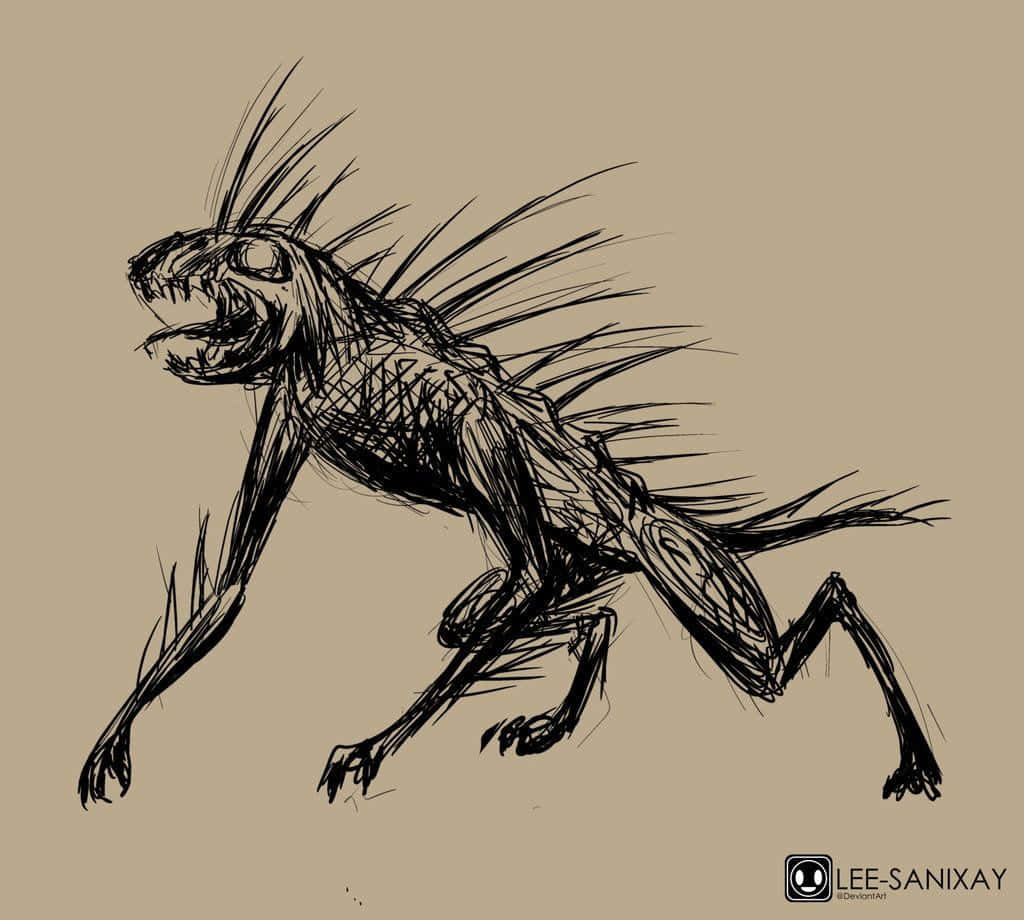 詭異的GIF 桌布 壁紙 — 一幅瘋狂的黑色墨水素描，描繪一隻長滿尖刺和獠牙的野獸，在米色背景上向前猛撲。