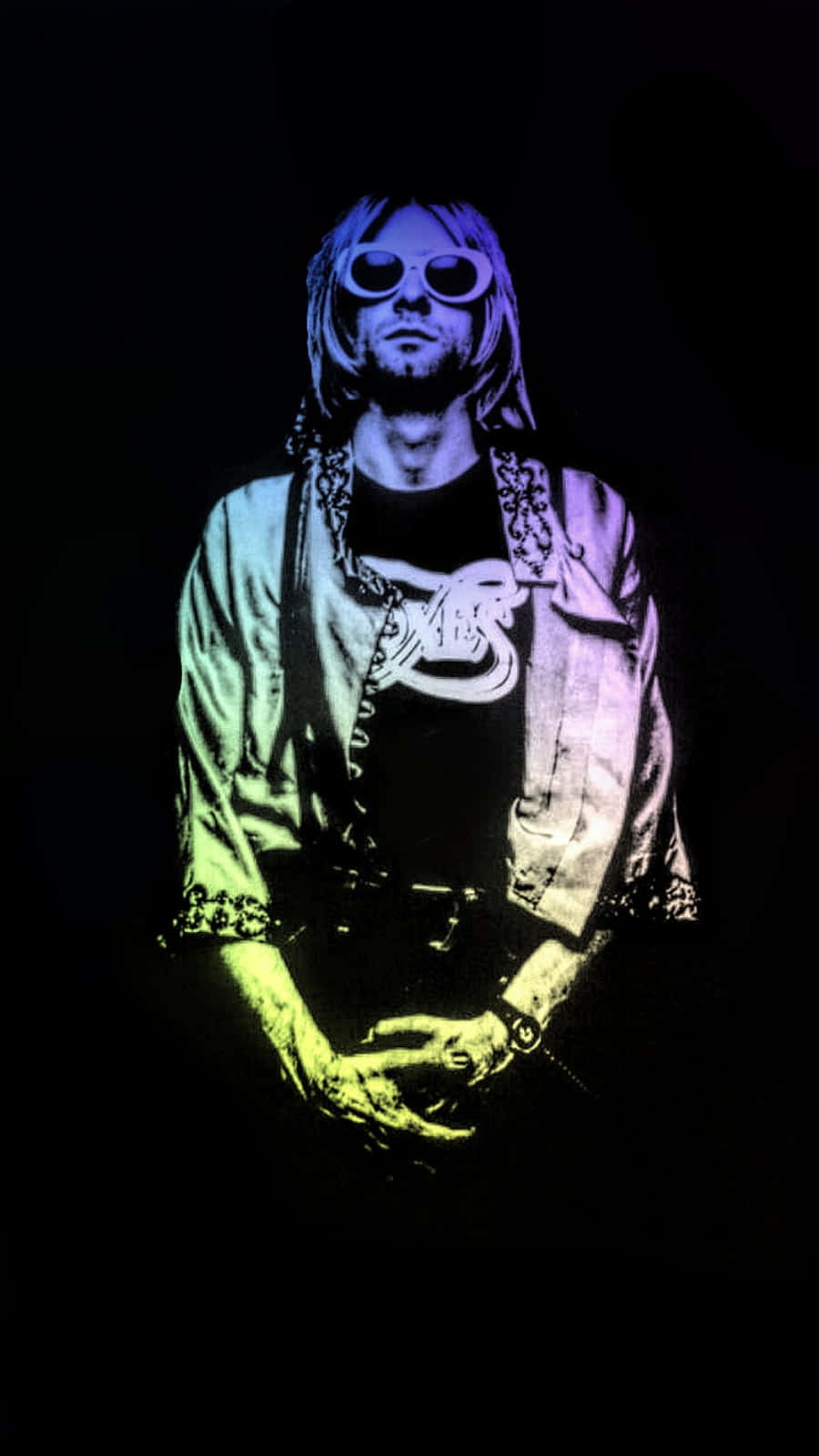 美學 桌布 壁紙 — 一幅發光的 Kurt Cobain 肖像，戴著太陽眼鏡和分層衣物，背景為黑色，帶有螢光綠和紫色亮點。