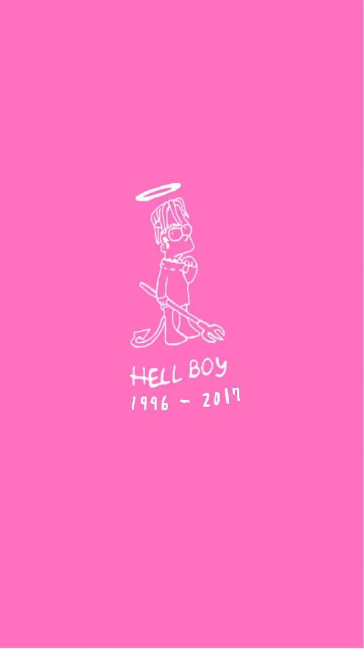 lil peep 動態圖 桌布 壁紙 — 一幅白色線條畫，描繪了地獄怪客帶有光環和乾草叉，背景為純粉紅色，下方有其名字和年份。