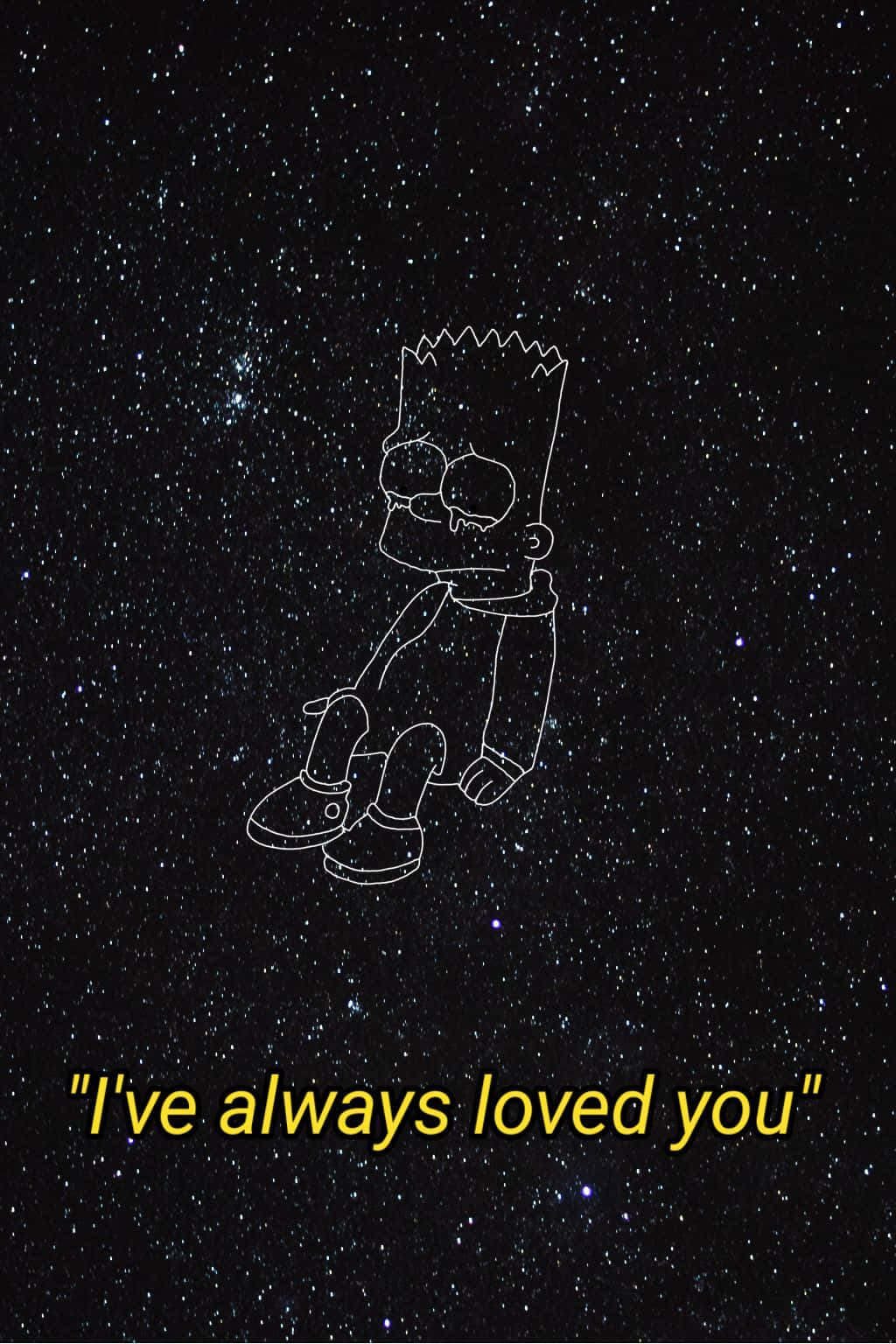 Sad Edits 桌布 壁紙 — 一幅白色線條畫的巴特·辛普森獨自坐在星空夜空下，黃色文字寫著「我一直愛你」。