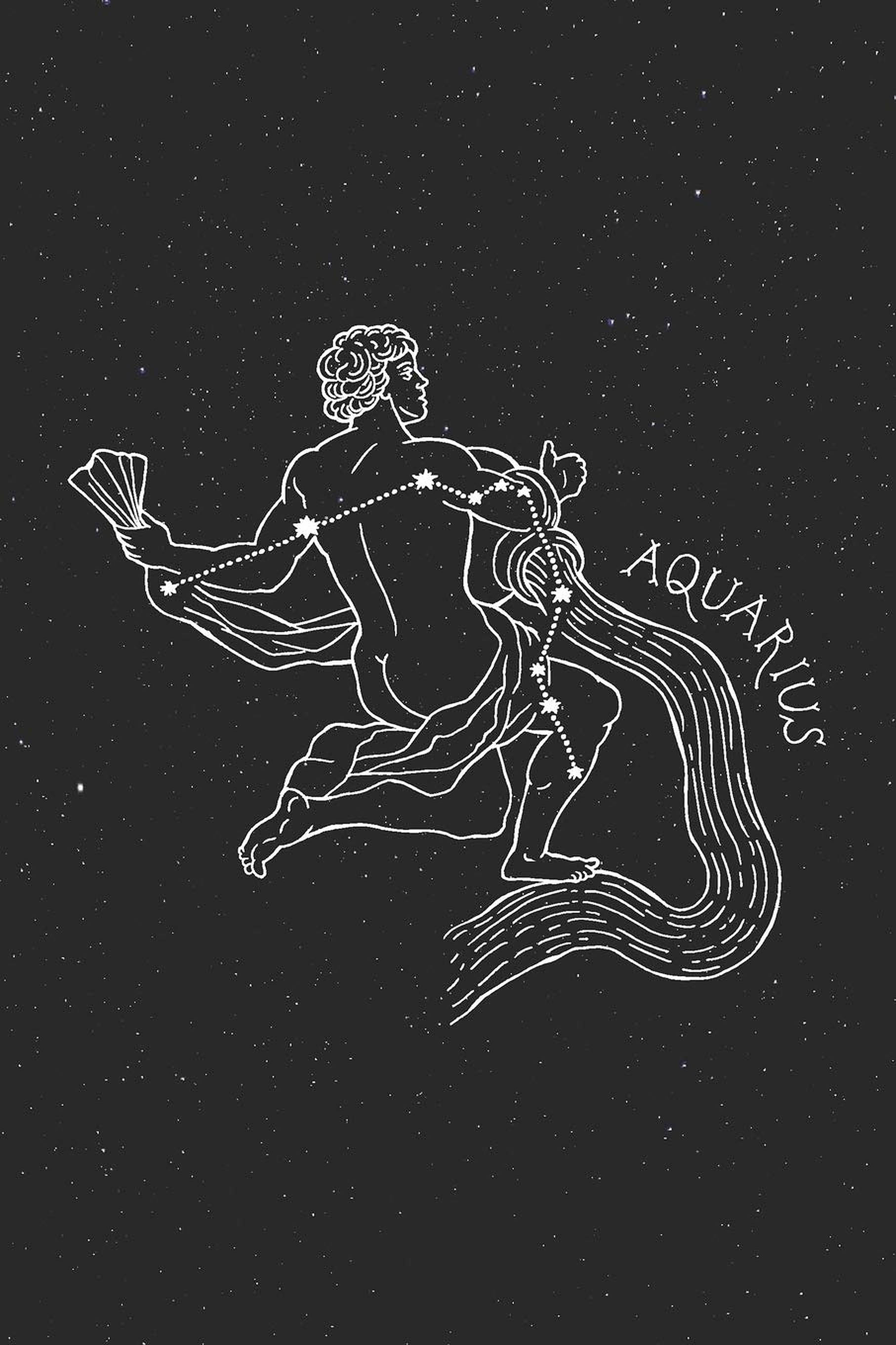 aquarius 桌布 壁紙 — 一幅白色線條藝術插圖，描繪水瓶座星座在繁星點點的黑色背景上倒水。