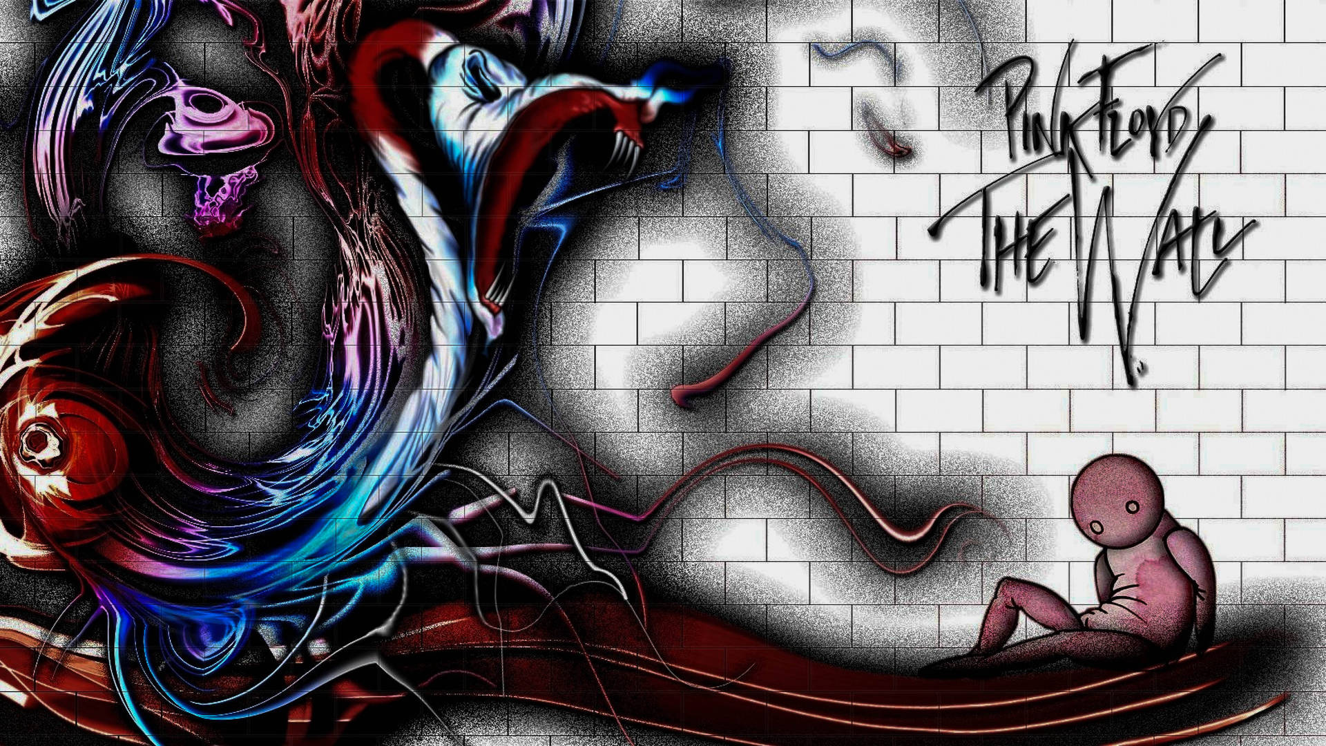 Pink Floyd《The Wall》的塗鴉壁畫，帶有漩渦色彩和一個小人物。 — 4K 壁紙