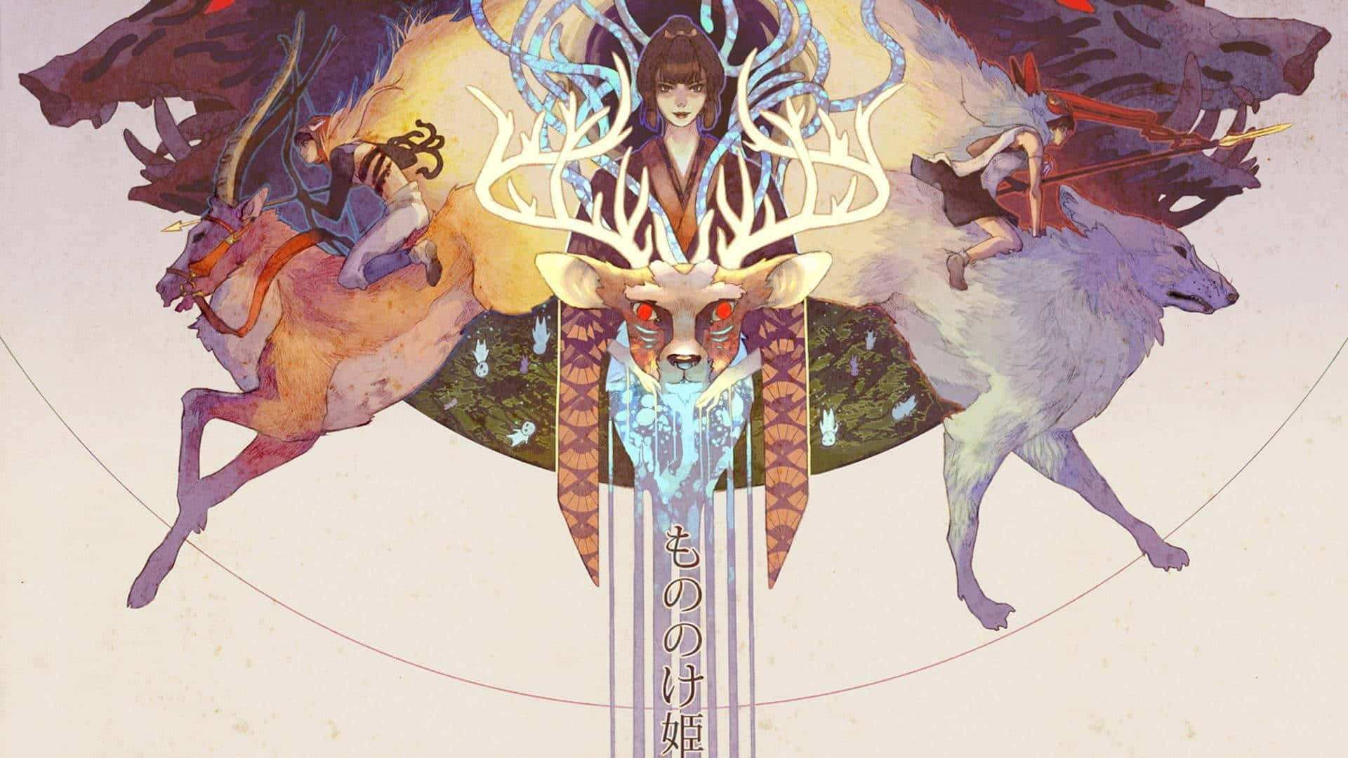 Aesthetic Ghibli 桌布 壁紙 — 一幅神秘動漫風格插圖，中央有一個鹿頭人物，眼睛發出紅光，兩側分別有騎鹿者和騎狼者，背景是溫暖的金色。