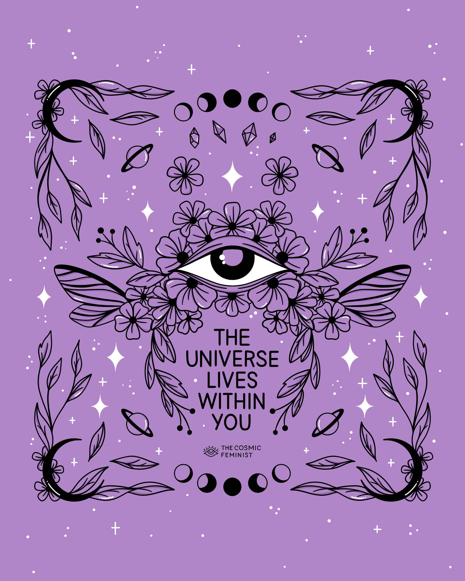 神秘的紫色插圖，帶有眼睛、花朵和宇宙符號，上面寫著「The Universe Lives Within You」。 — 女巫美學動圖 壁紙