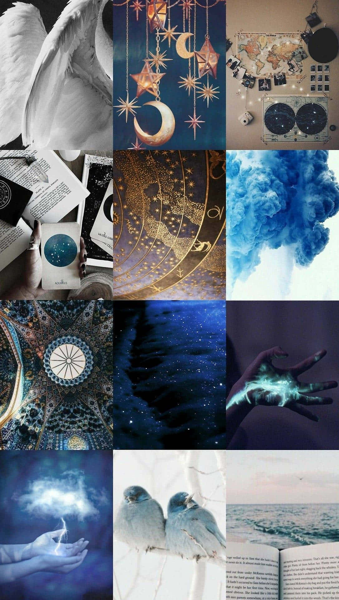 Witchy 桌布 壁紙 — 一幅神秘與天體意象的拼貼畫，包括星星、月亮、翅膀、鳥類和宇宙之手，襯以夢幻背景。