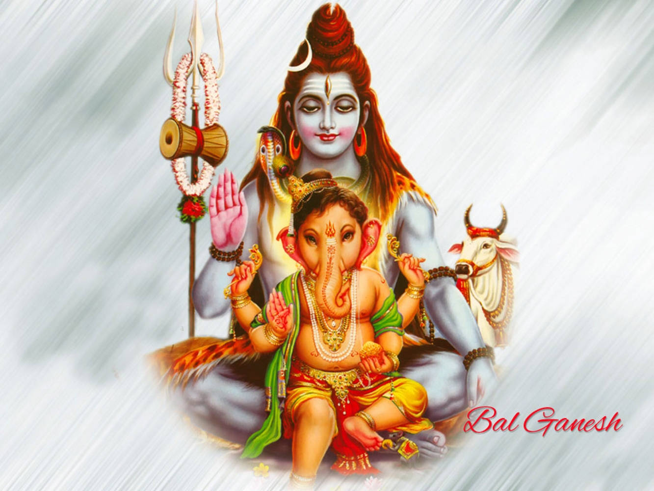 Hindu God 桌布 壁紙 — 一幅神聖的插圖，描繪了濕婆神懷中抱著嬰兒象神，旁邊有南迪公牛，背景是明亮的白色。