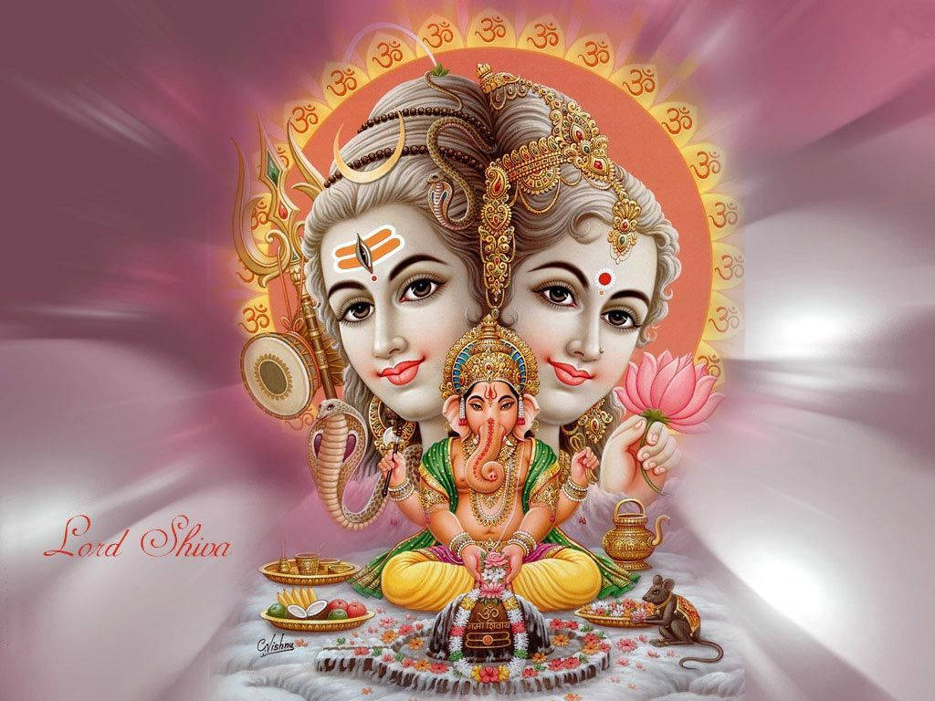 Shiv Parivar 桌布 壁紙 — 一幅神聖的插圖，描繪雙面濕婆神與下方坐著的象神，飾以黃金珠寶，周圍環繞著神聖符號和供品。