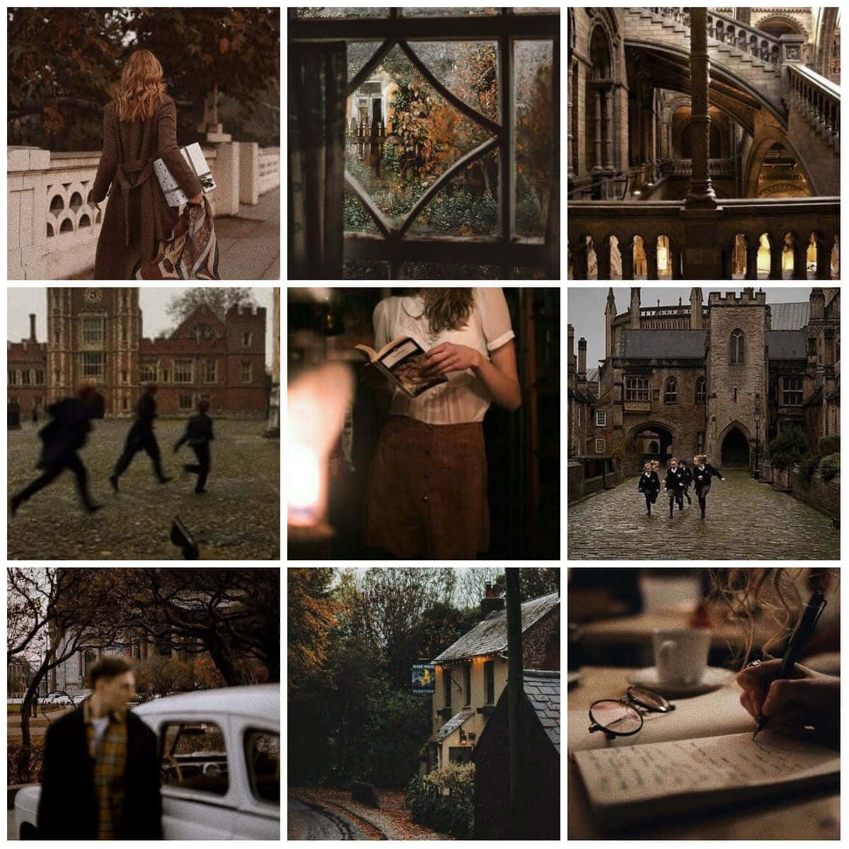 Dark Academia Aesthetic 桌布 壁紙 — 一幅秋季場景的拼貼畫， featuring 穿著校服的學生、歷史建築，以及有書本和溫暖燈光的舒適室內時刻。