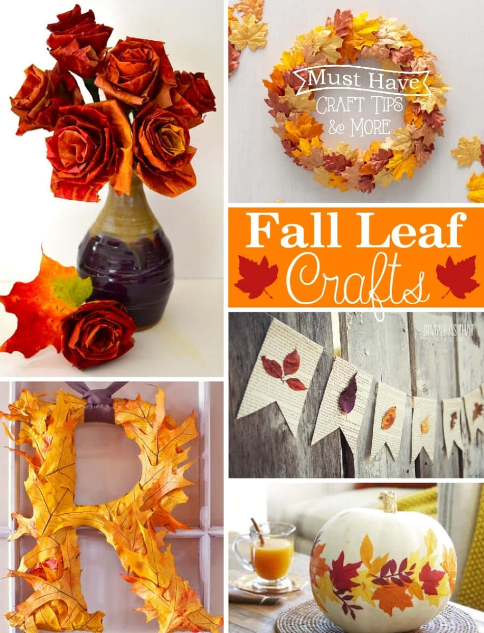 Fall Crafts 桌布 壁紙 — 一幅秋季手工藝拼貼畫，包含花瓶中的紙玫瑰、秋葉花環、橫幅和一個繪有溫暖季節色彩的南瓜。