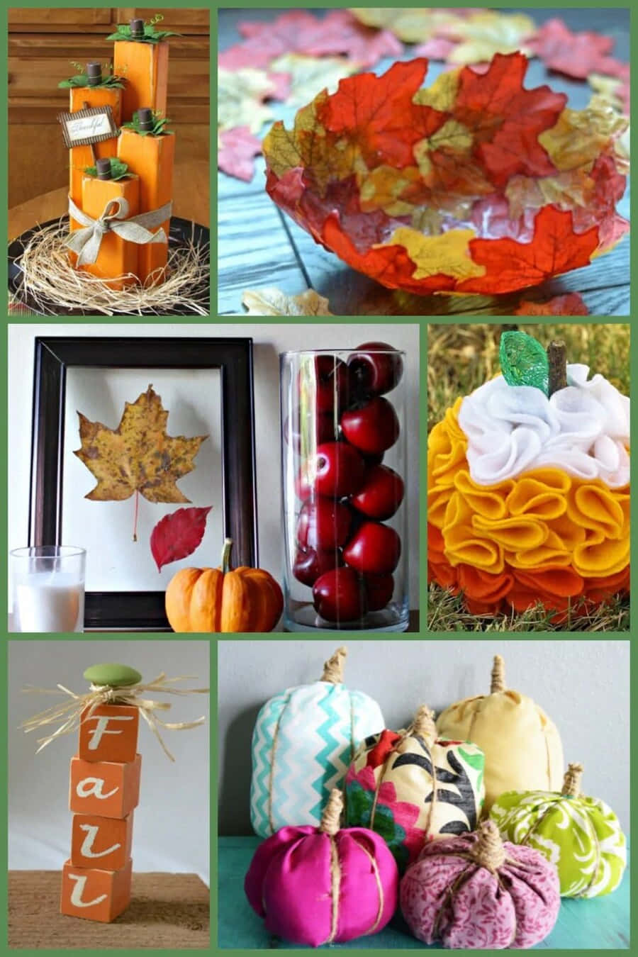 Fall Crafts 桌布 壁紙 — 一幅秋季手工藝拼貼畫，包括布料南瓜、樹葉主題裝飾和堆疊的木製字母拼出秋天。
