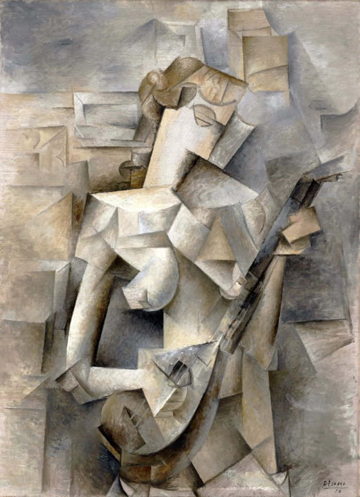 Picasso 桌布 壁紙 — 一幅立體派繪畫，描繪一位彈吉他的女性，分解成幾何平面，採用柔和的大地色調。