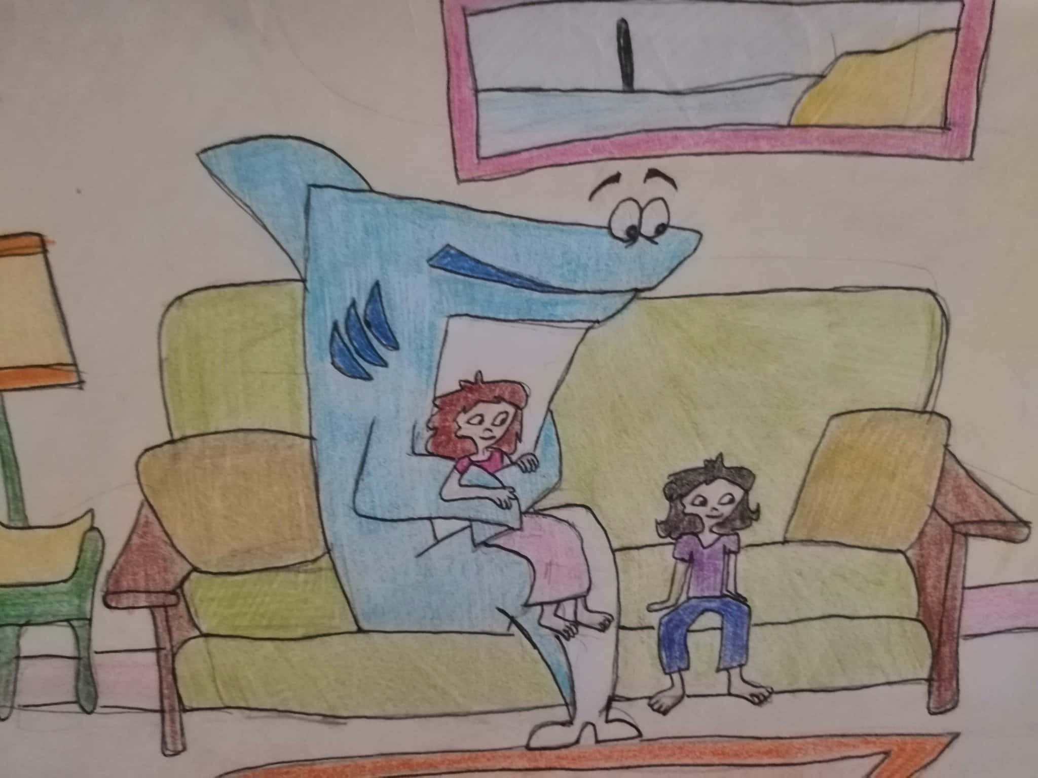 Cartoon 桌布 壁紙 — 一幅童趣的畫作顯示一條穿著襯衫的藍色鯊魚坐在沙發上，抱著一個女孩，附近還有另一個女孩。