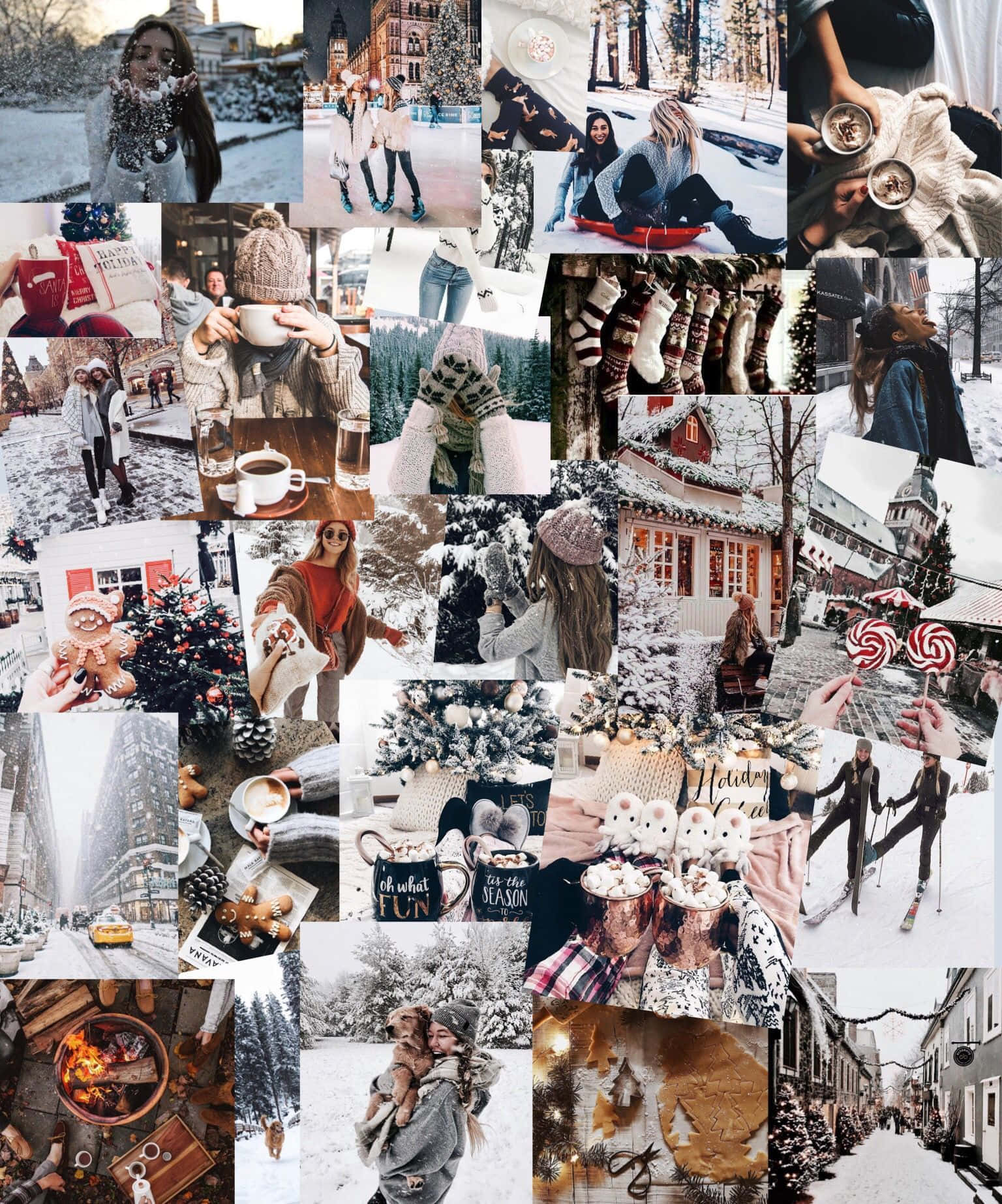 Winter Aesthetic Collage 桌布 壁紙 — 一幅節日冬季拼貼畫，以積雪覆蓋的街道、舒適的飲品以及人們在雪景城市和鄉村環境中享受節日活動為特色。