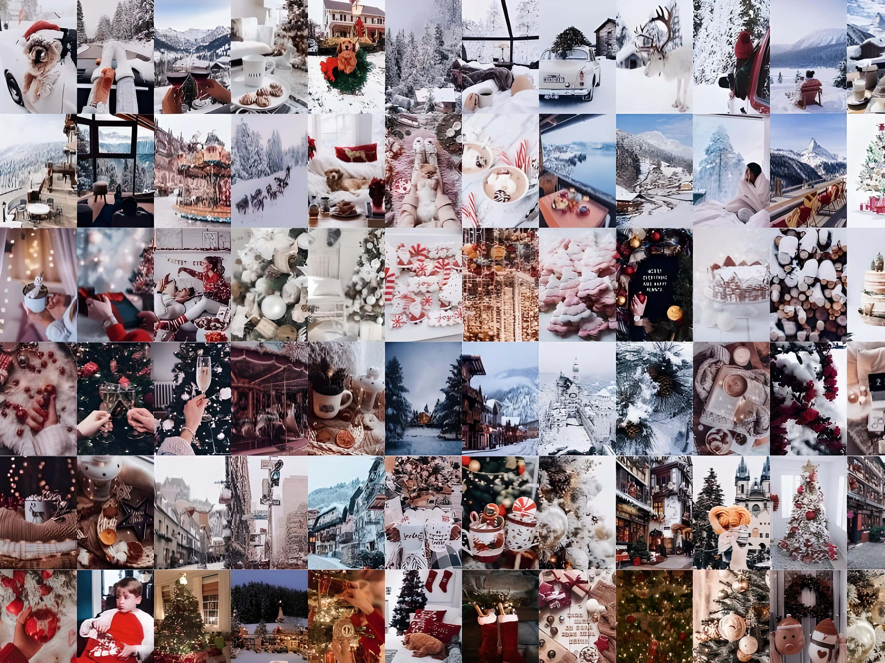 Winter Aesthetic Collage 桌布 壁紙 — 一幅節日冬季拼貼畫，以雪景、舒適的室內環境和帶有溫暖燈光和紅色點綴的節日裝飾為特色。