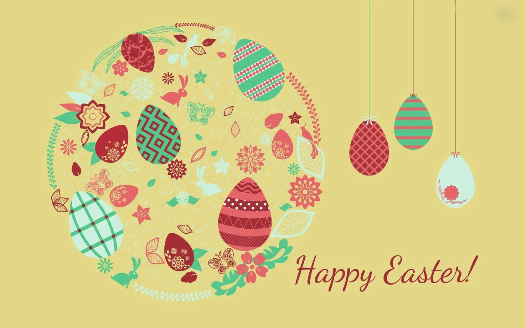 Happy Easter 桌布 壁紙 — 一幅節日復活節插圖，以淡黃色背景襯托，彩色圖案蛋、花朵和兔子排列成圓形花環。