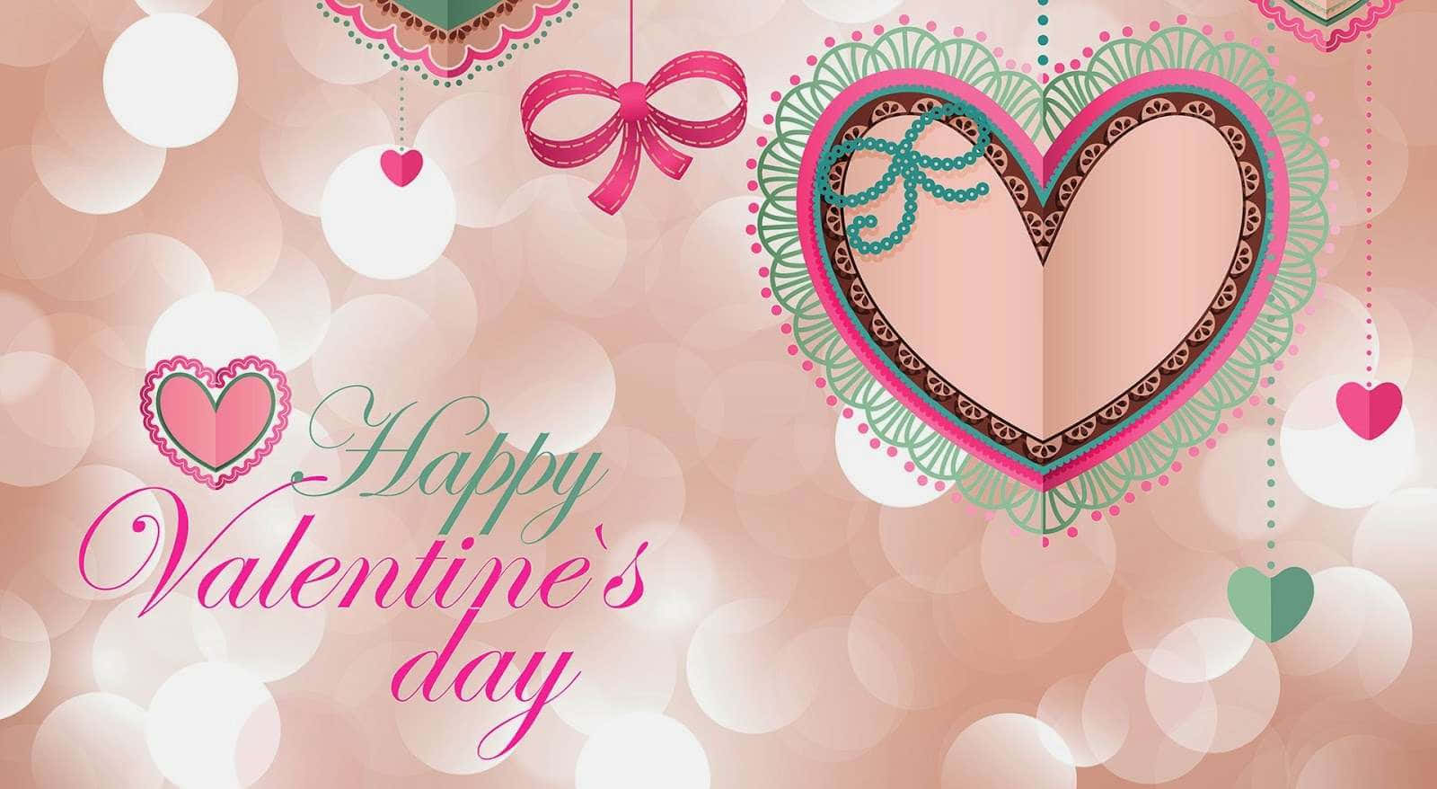 Valentines 桌布 壁紙 — 一幅節日情人節插圖，帶有華麗的心形、蝴蝶結和散景燈光，背景為柔和的粉紅色。