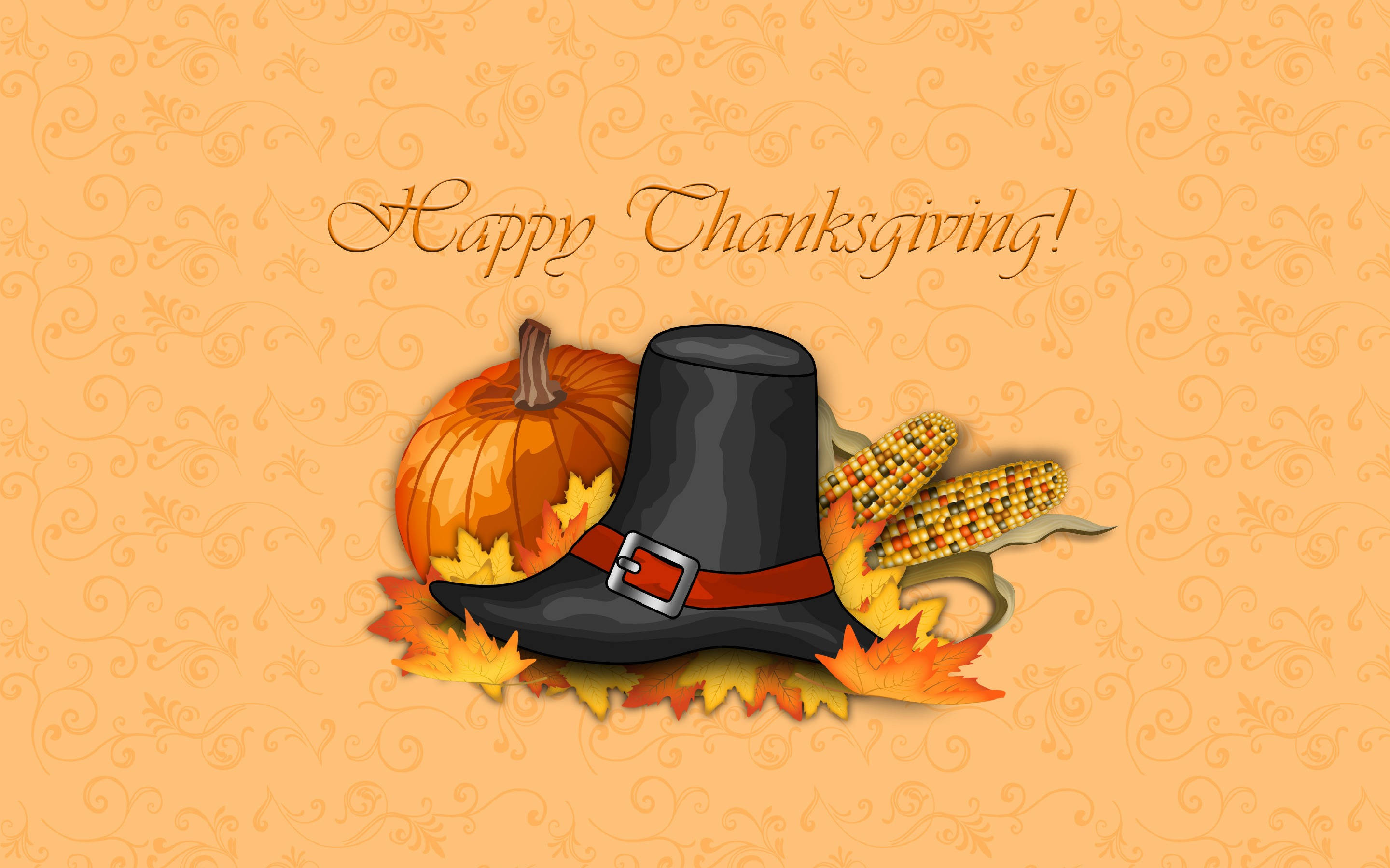 Cute Thanksgiving 桌布 壁紙 — 一幅節日感恩節插圖，包含朝聖者帽、南瓜、玉米和秋葉，背景為有圖案的橙色。
