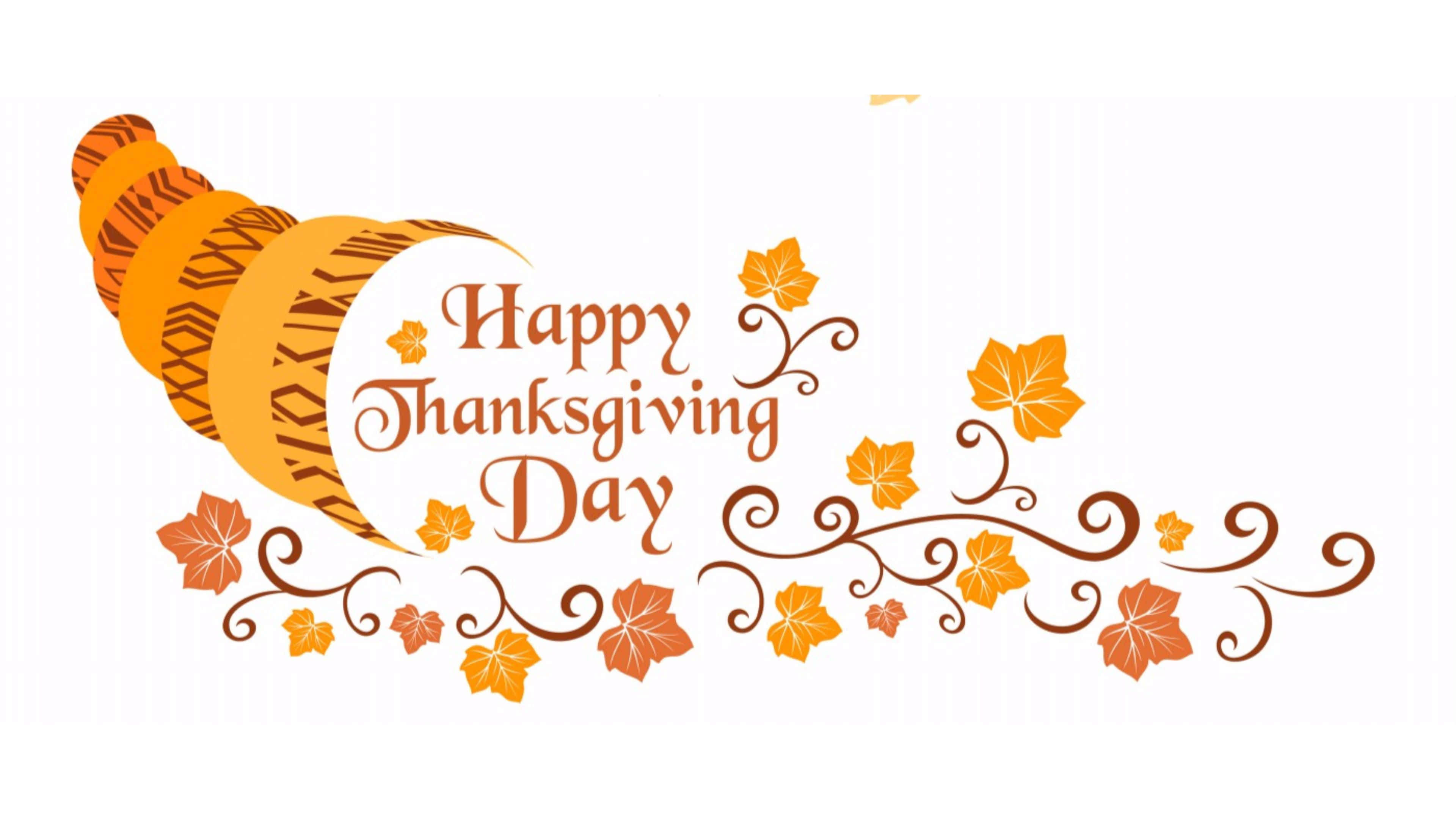 Beautiful Thanksgiving 桌布 壁紙 — 一幅節日感恩節豐收角插圖，帶有旋轉的藤蔓和秋葉，圍繞著慶祝文字。