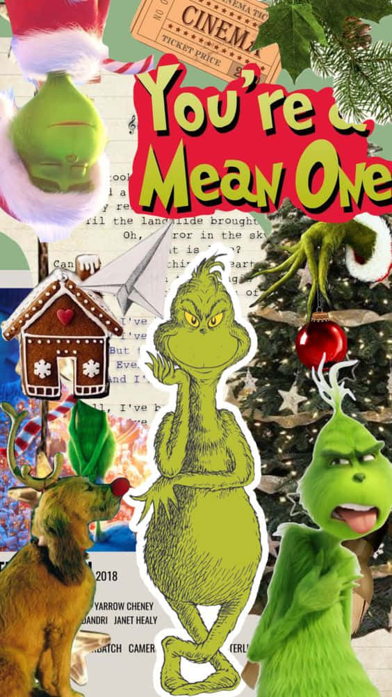 Christmas Grinch 桌布 壁紙 — 一幅節日拼貼畫，包含聖誕怪傑、聖誕裝飾、薑餅屋和一隻馴鹿，背景分層。