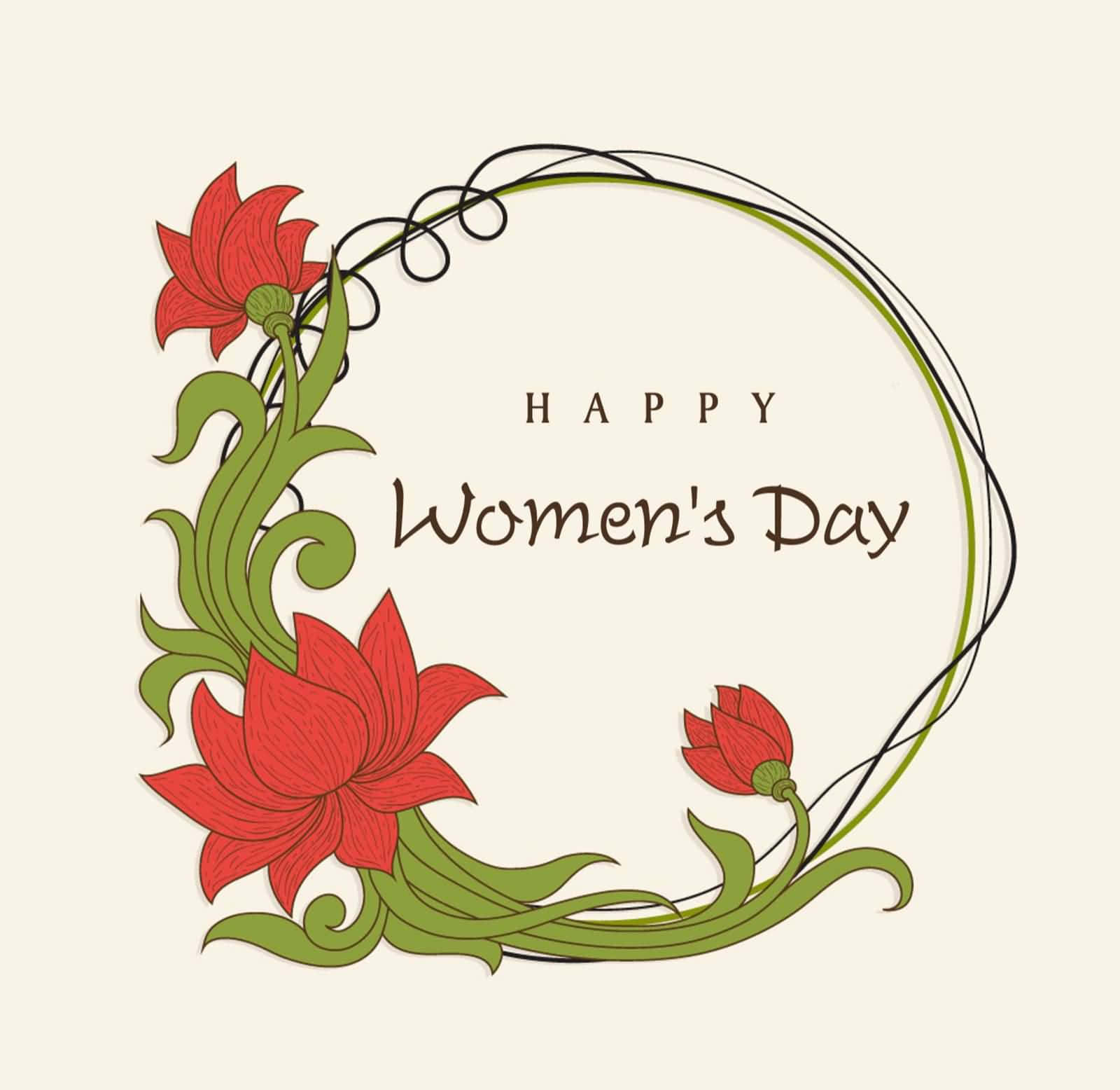 womens day 桌布 壁紙 — 一幅節日插圖，在奶油色背景上，紅色花朵和綠色藤蔓圍繞著「Happy Women's Day」文字形成圓形框架。