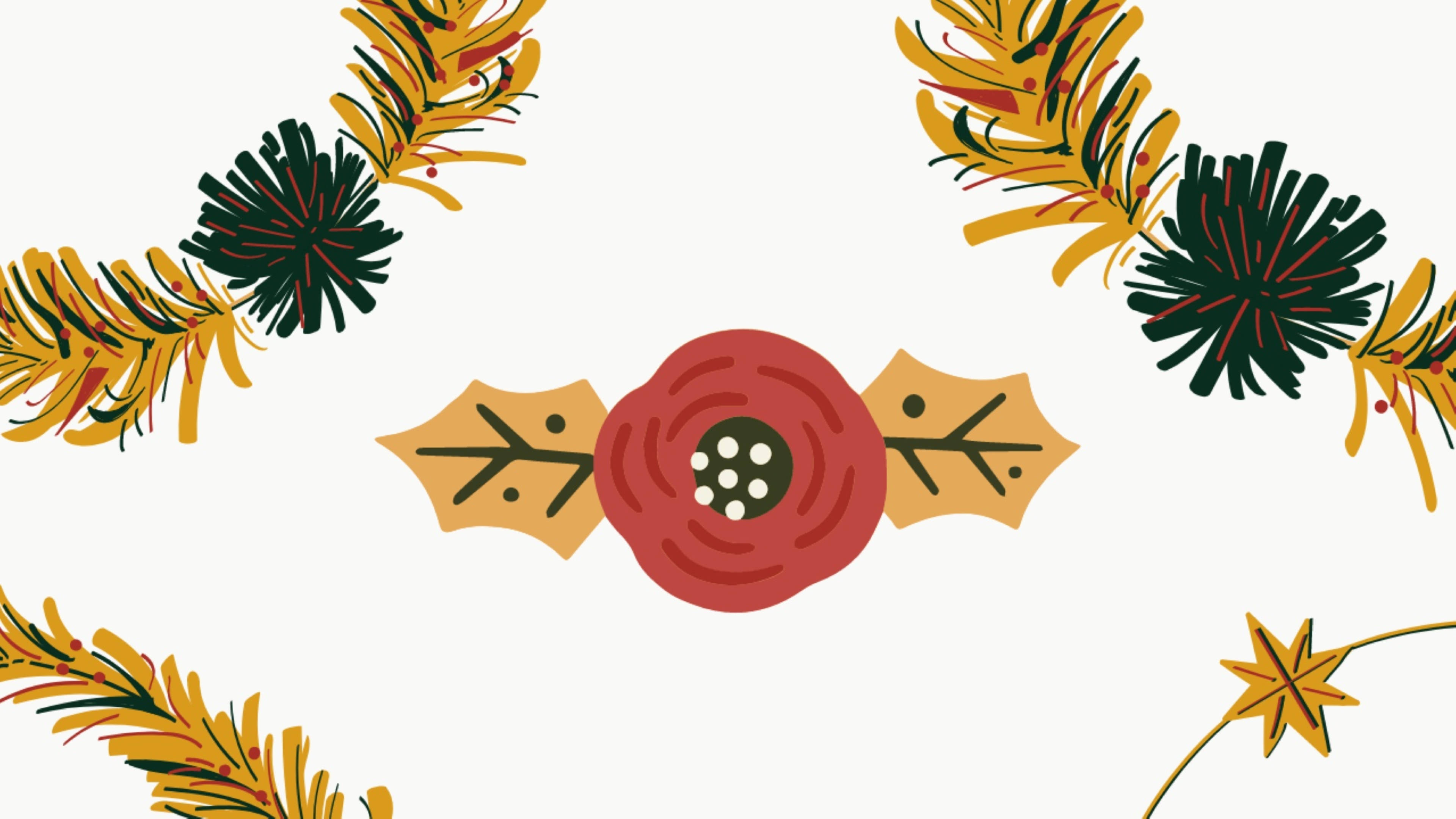 聖誕美學 桌布 壁紙 — 一幅節日插圖，展示了一朵紅色聖誕紅，兩側是冬青葉和金色松枝，背景為柔和的白色。