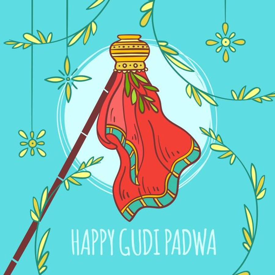 Gudi Padwa 桌布 壁紙 — 一幅節日插圖，描繪一塊紅布披在一個裝飾過的鍋上，鍋掛在竹竿上，周圍環繞著綠色藤蔓和花朵，背景為青綠色。