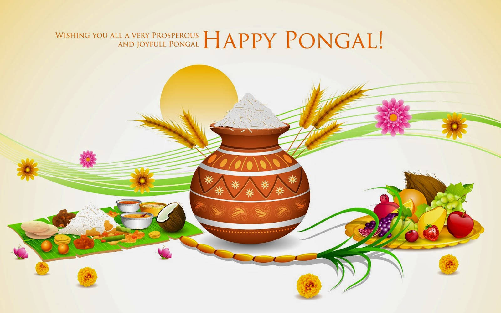 Pongal 桌布 壁紙 — 一幅節日插圖，描繪傳統Pongal鍋溢出米飯，周圍環繞著水果、鮮花和儀式用品，在溫暖的陽光下。